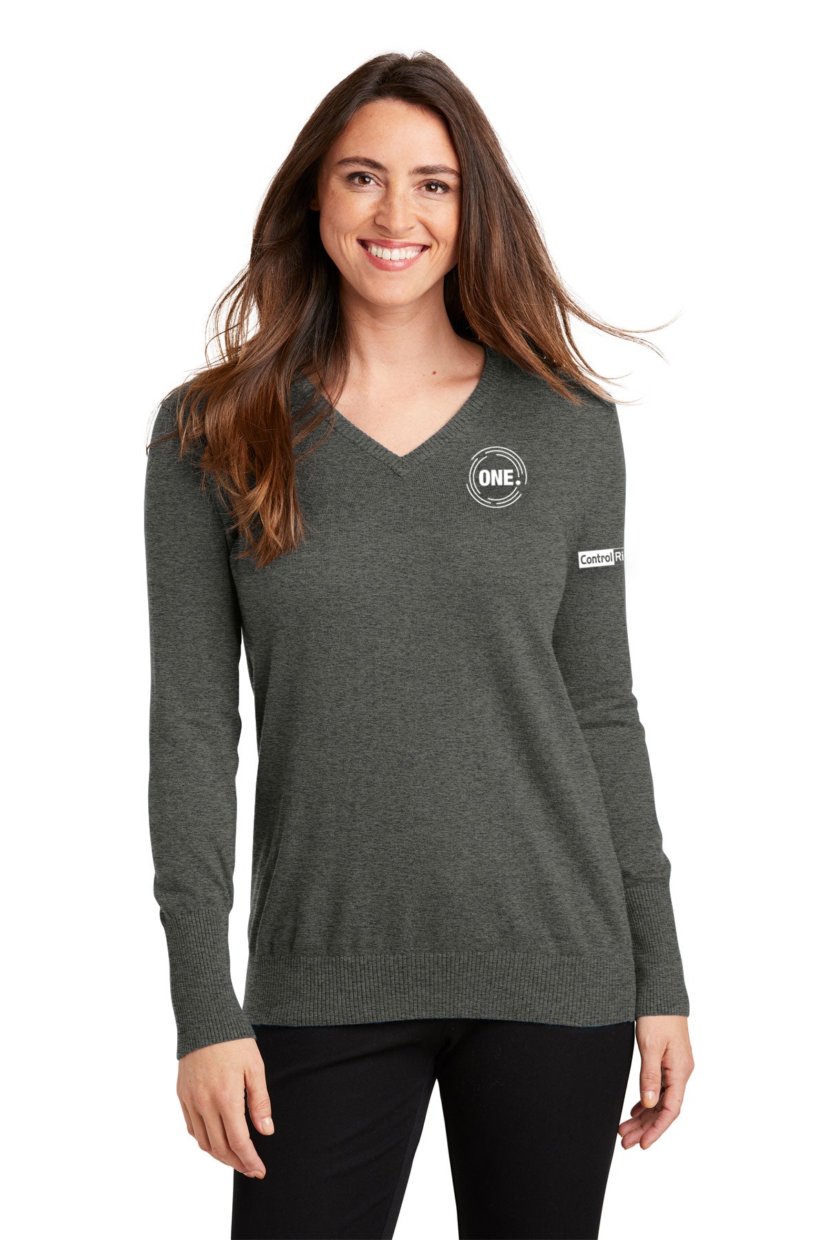 Port Authority Ladies V-Neck Customized Sweaters, Charcoal Heather [Control Risks]