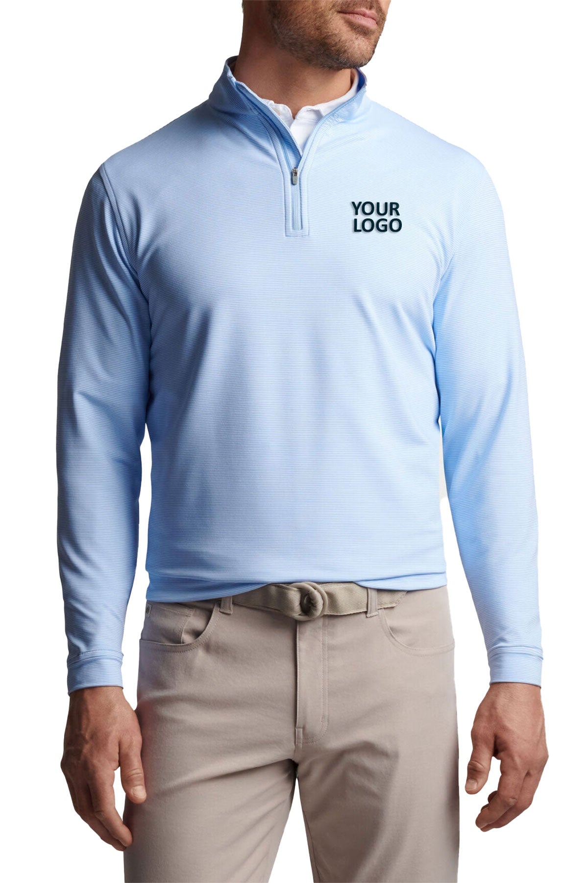 peter millar cottage blue ME0EK40E perth mini stripe stretch loop terry quarter zip with custom logo pullovers