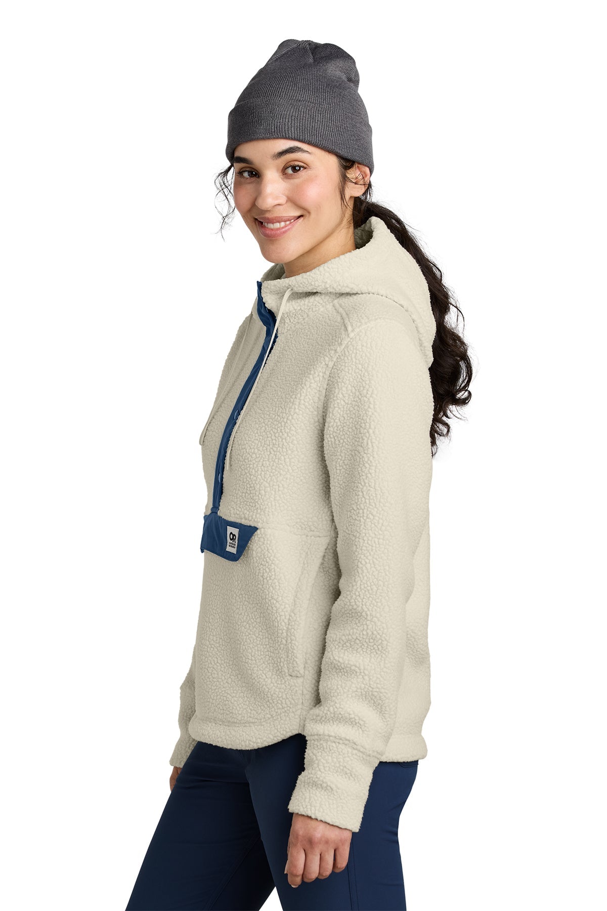 Outdoor Research Womens Packwood Fleece Pullover Custom Hoodies, Oat/ Navy [Evenflo Company Inc.]