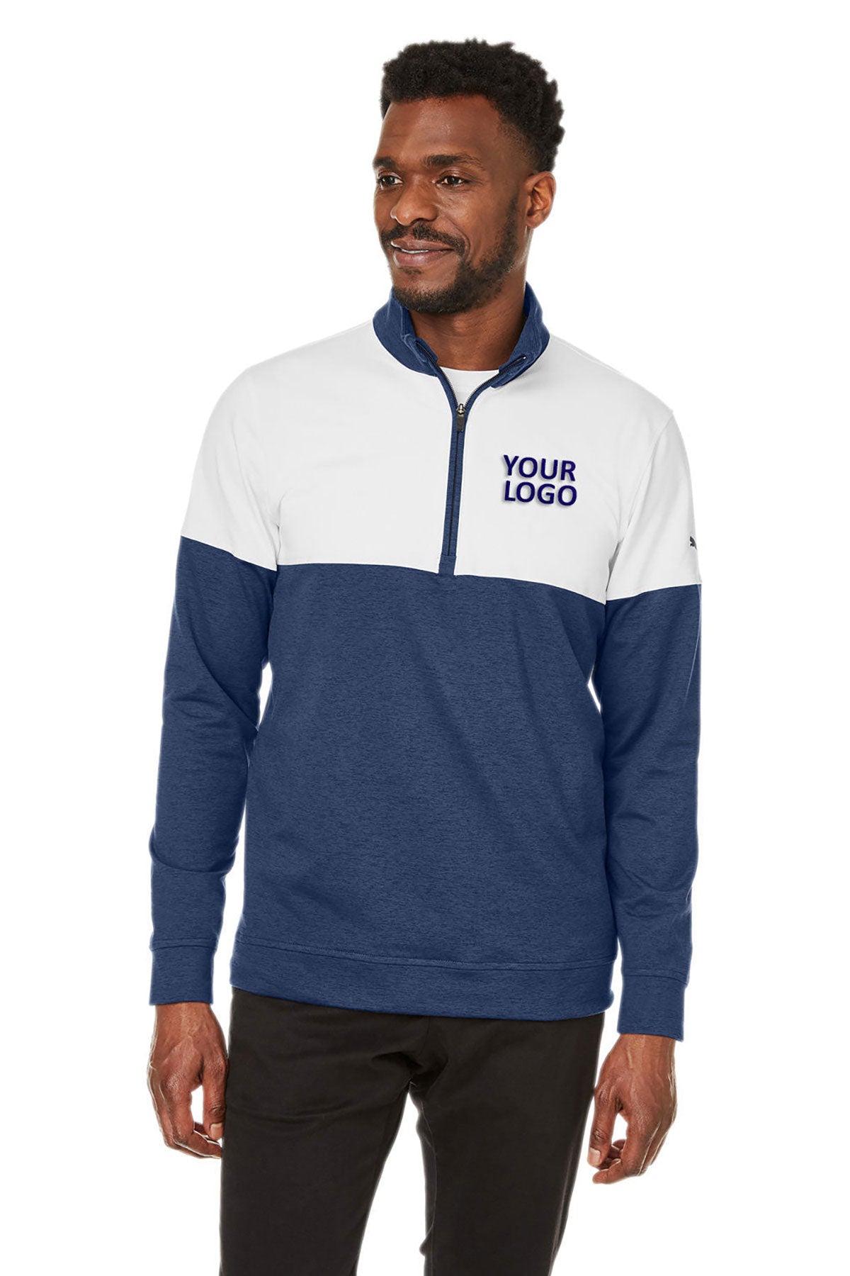 Custom Puma Men's Cloudspun Warm Up Quarter-Zip, Peacoat Bright White