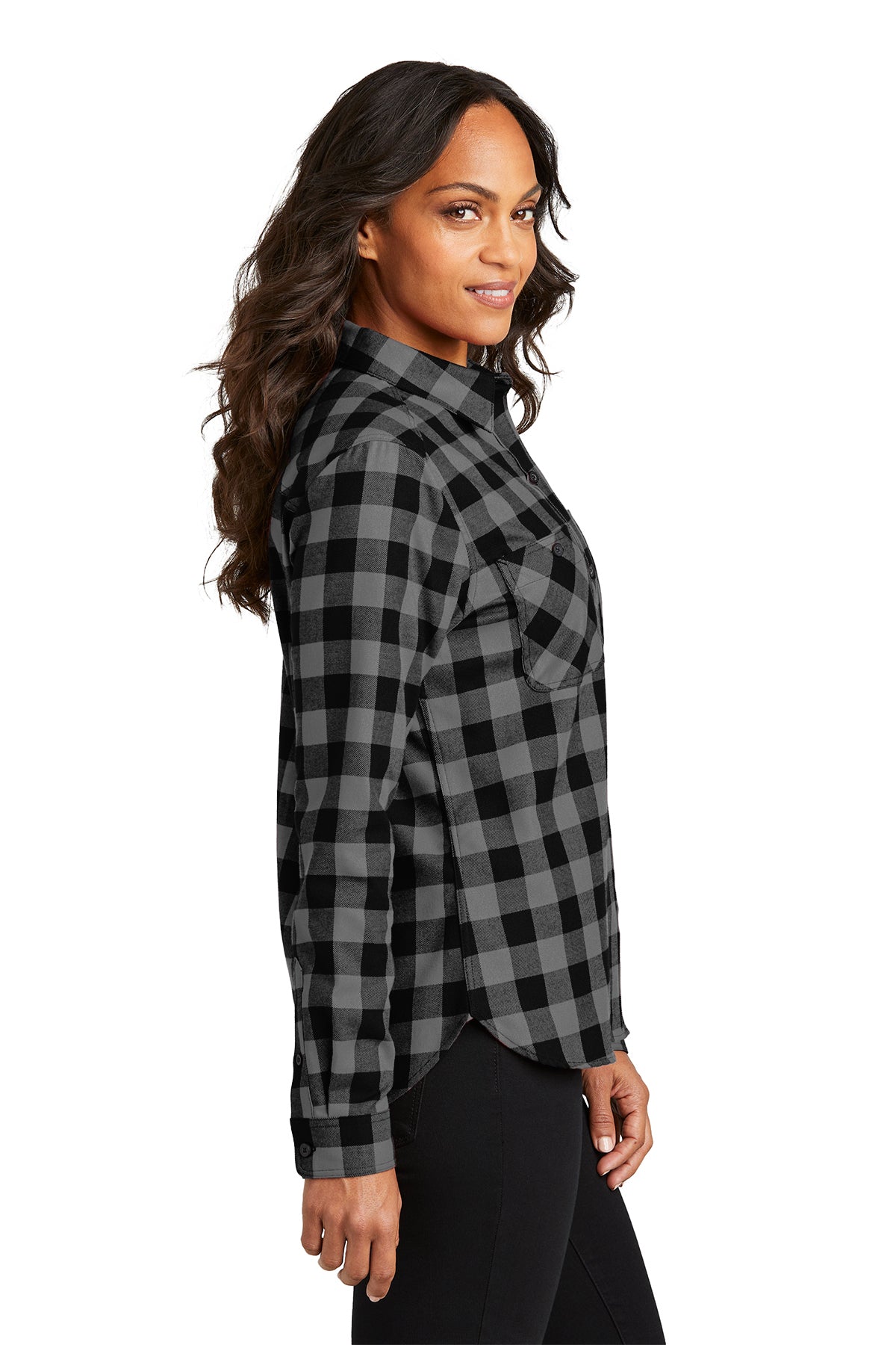 Port Authority Ladies Customized Plaid Flannel Shirts, Grey/ Black Buffalo Check