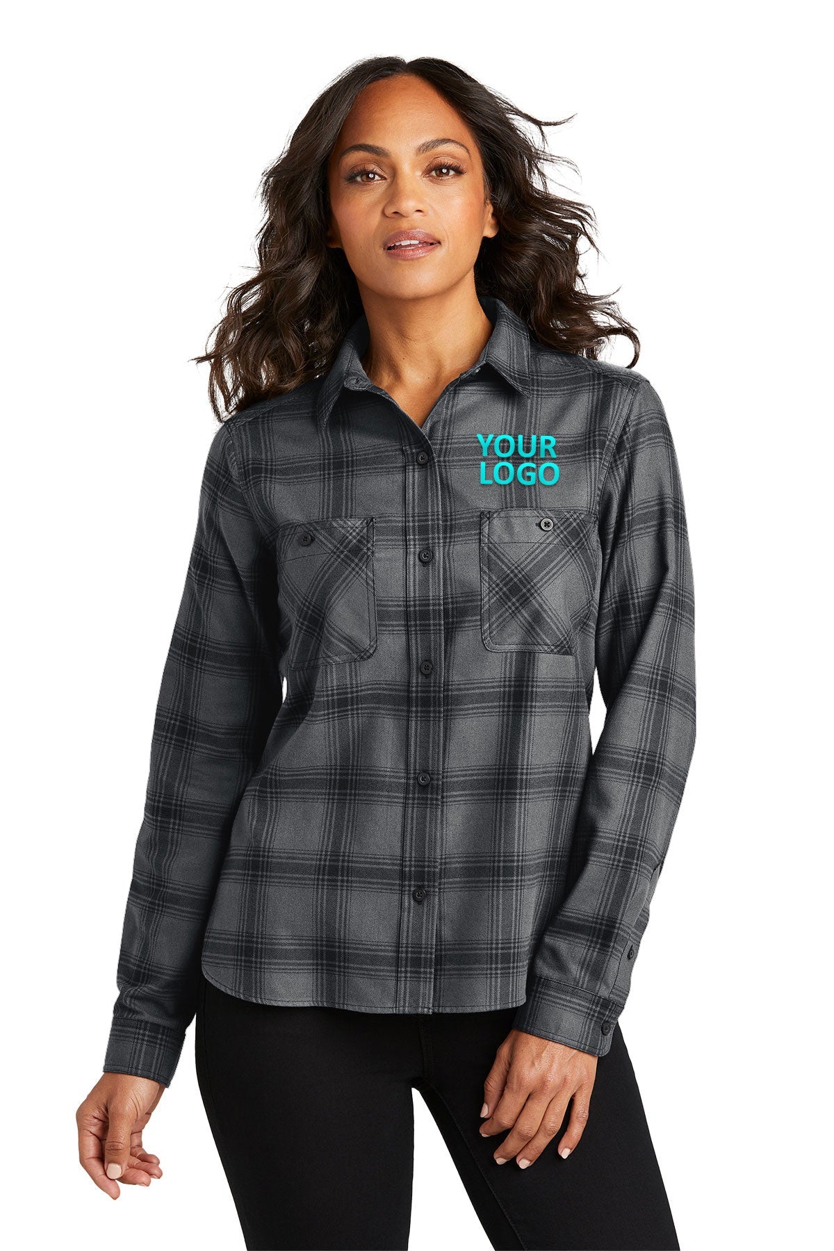 Port Authority Grey/ Black Open Plaid LW669 logo shirts