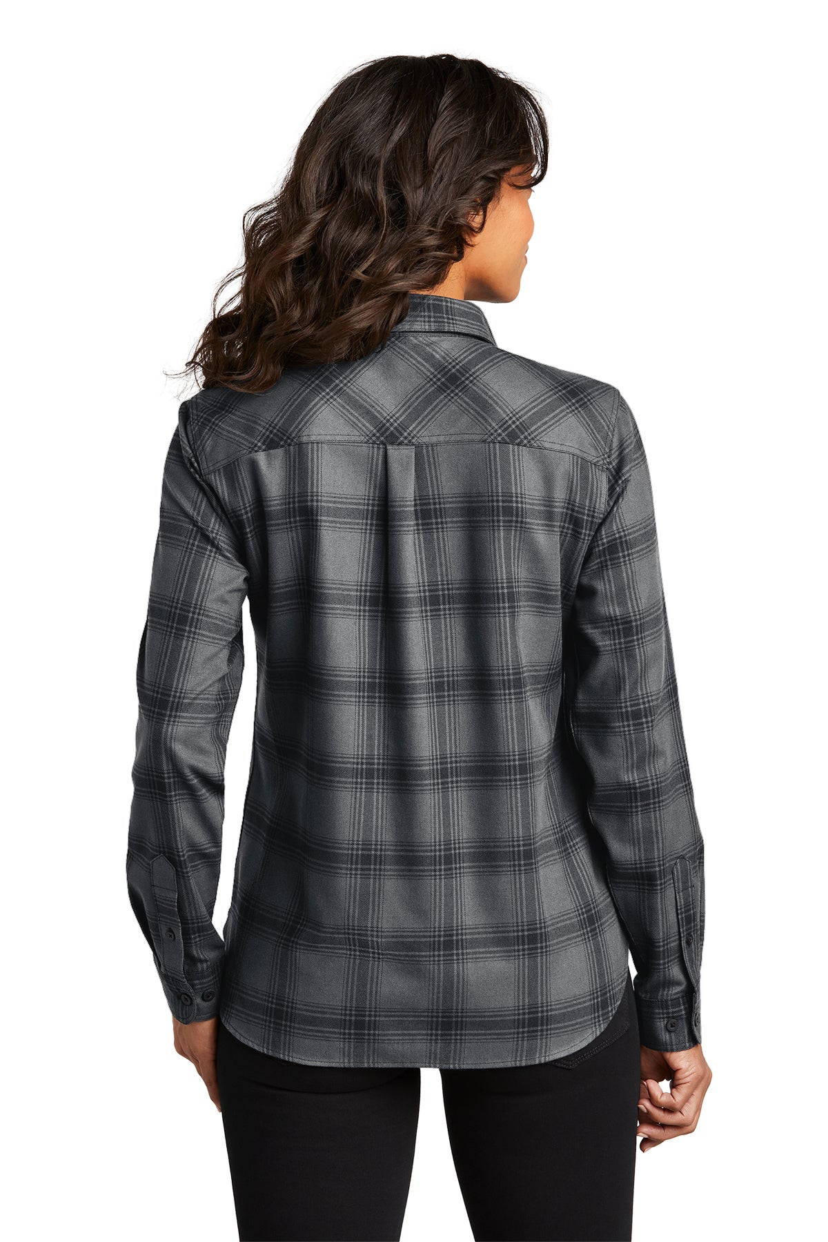 Port Authority Ladies Custom Plaid Flannel Shirts, Grey/ Black Open Plaid