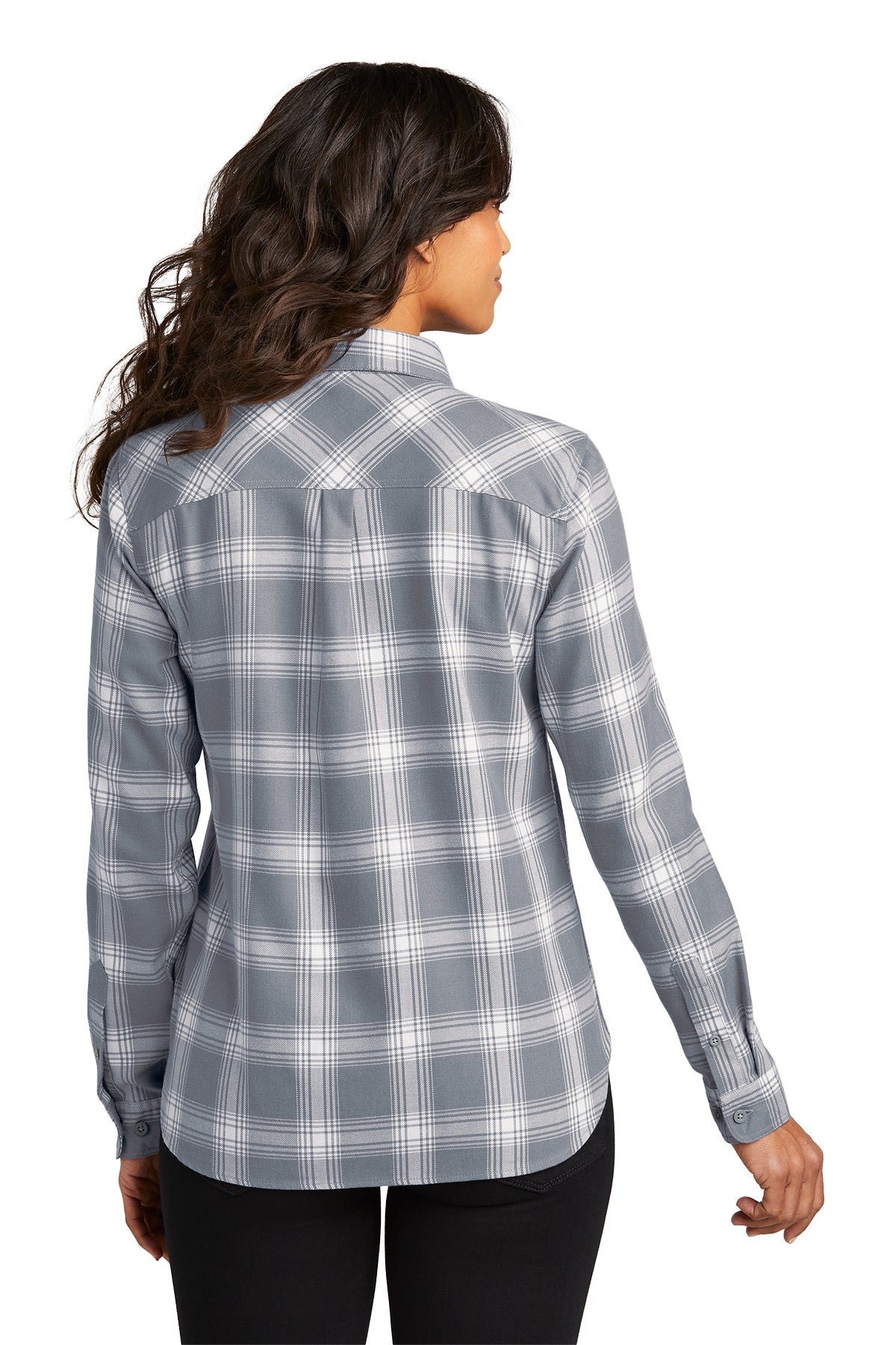 Port Authority Ladies Customized Plaid Flannel Shirts, Grey/ Cream Open Plaid
