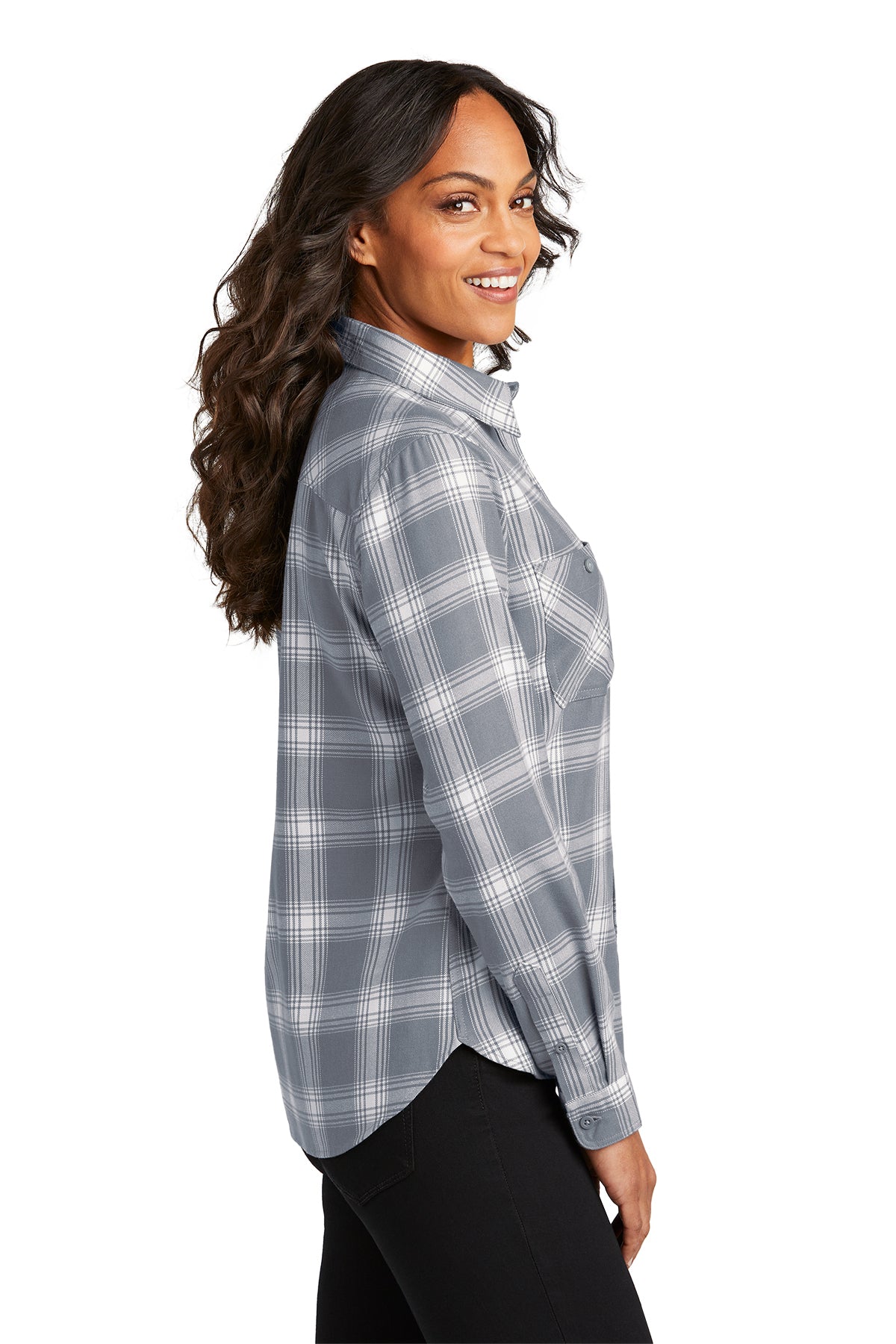 Port Authority Ladies Customized Plaid Flannel Shirts, Grey/ Cream Open Plaid