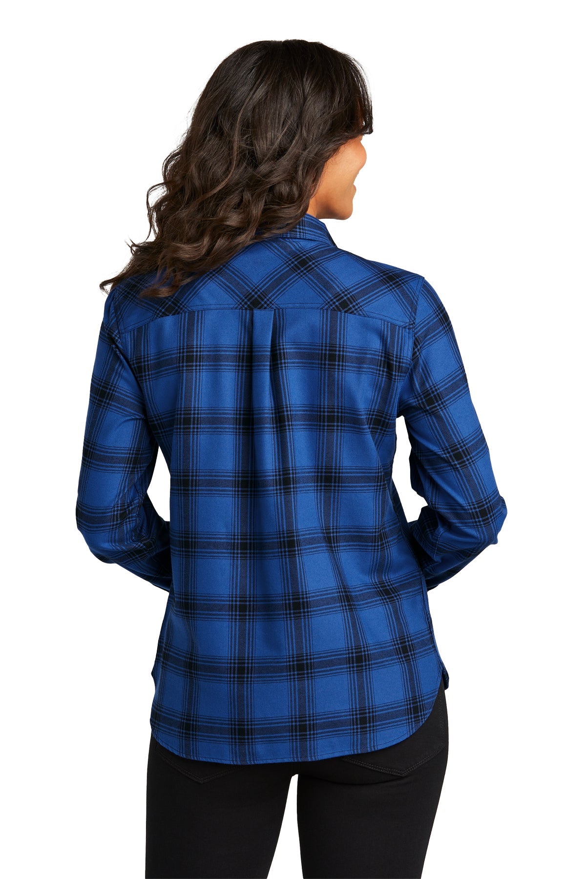 Port Authority Ladies Customized Plaid Flannel Shirts, Royal/ Black Open Plaid