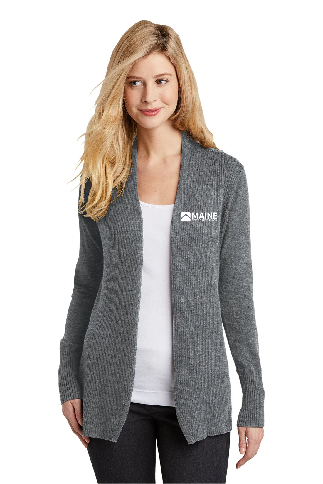 Port Authority Ladies Open Front Cardigan, Medium Heather Grey [Maine State Credit Union]