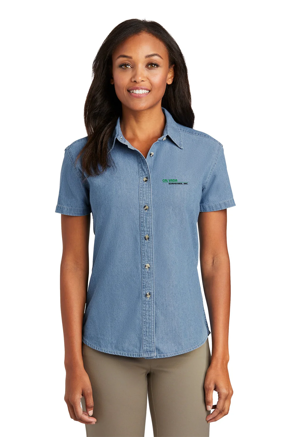 Port & Company Ladies Short Sleeve Denim Shirt, Faded Blue [Calvada Surveying Inc]