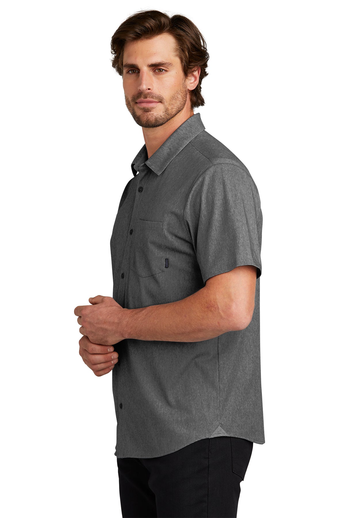 OGIO Extend Short Sleeve Custom Button Downs, Blacktop Heather [Vision Electric and Systems]