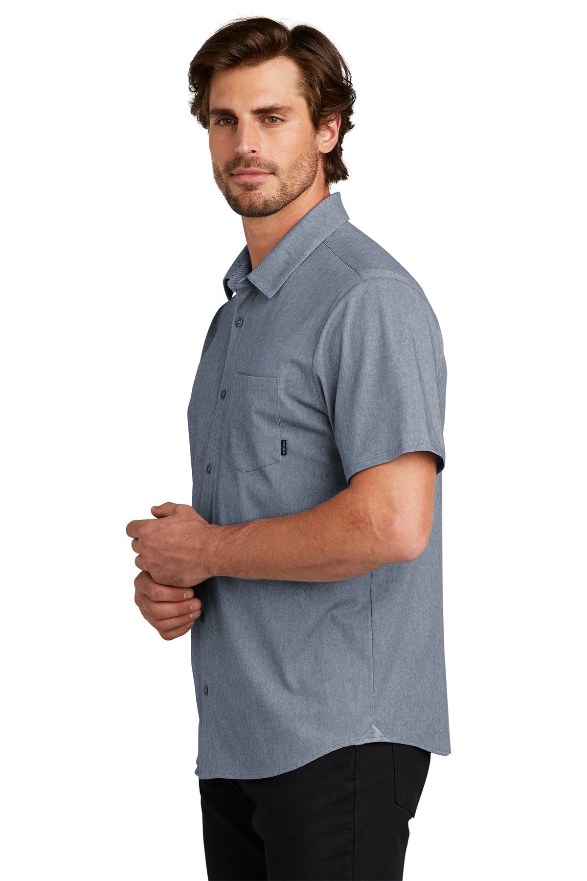 OGIO Extend Short Sleeve Custom Button Downs, Deep Blue Heather [Glazing Solutions]