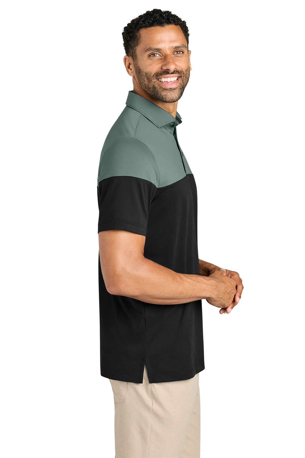 TravisMathew Onward Colorblock Custom Polos, Balsam Green/ Black [Gershman Investment Corp.]
