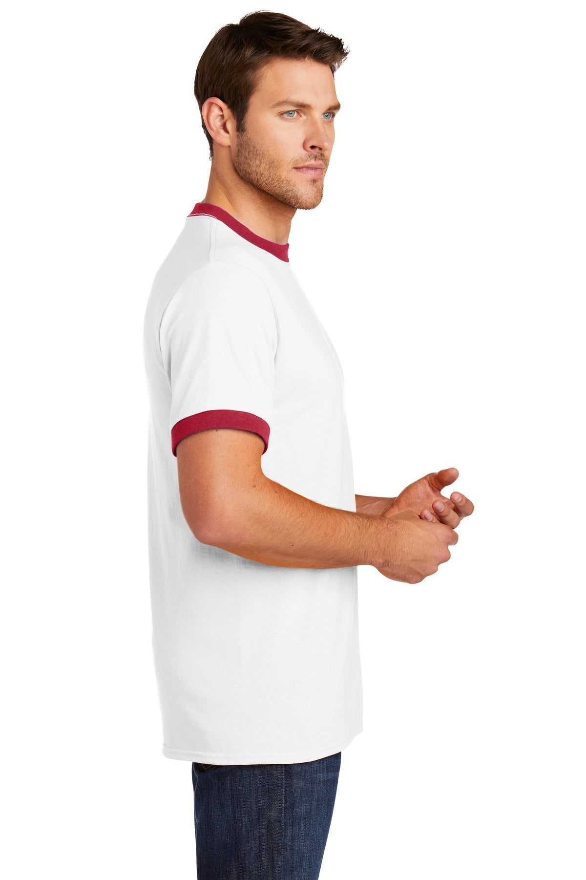 Port & Company Core Cotton Branded Ringer Tee's, White/ Red [Fire Solutions]
