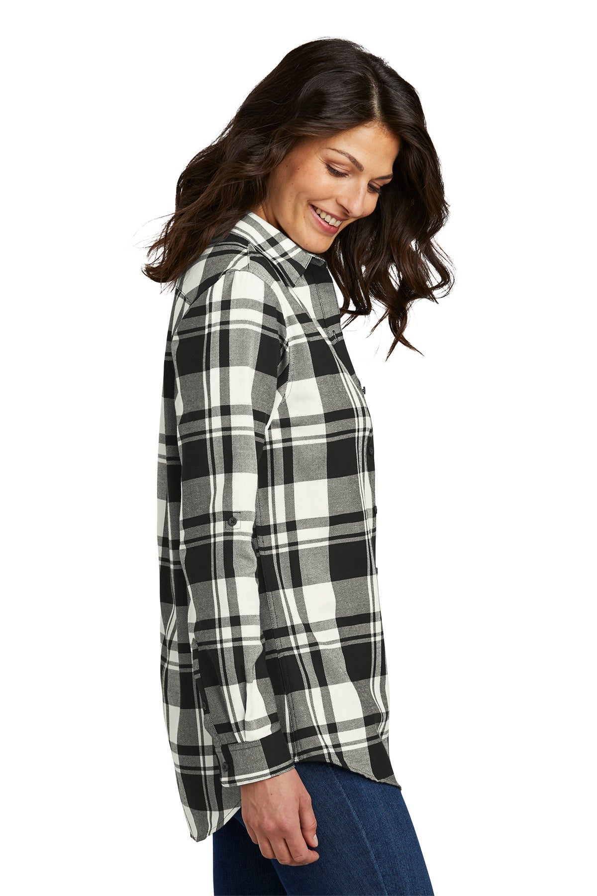 Port Authority Ladies Plaid Flannel Branded Tunics, Snow White/ Black [Gershman Mortgage]