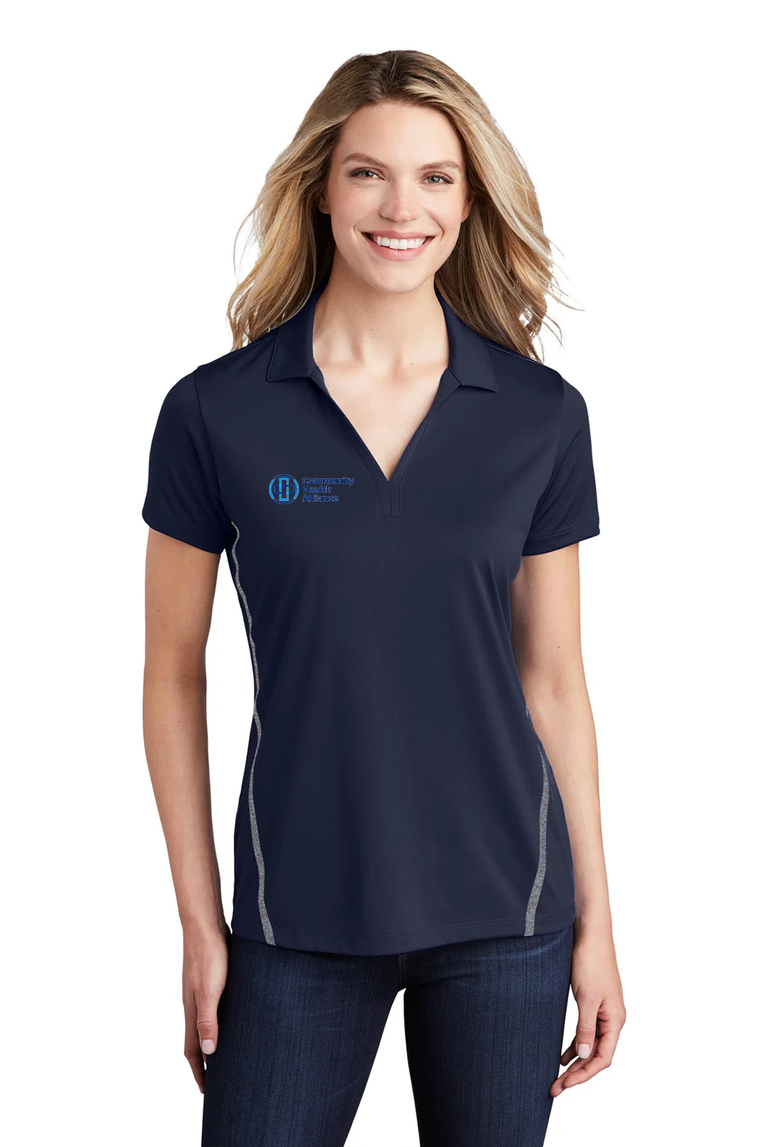 Sport-Tek Ladies Contrast PosiCharge Tough Polo, True Navy/ Heather Grey [Community Health Alliance]