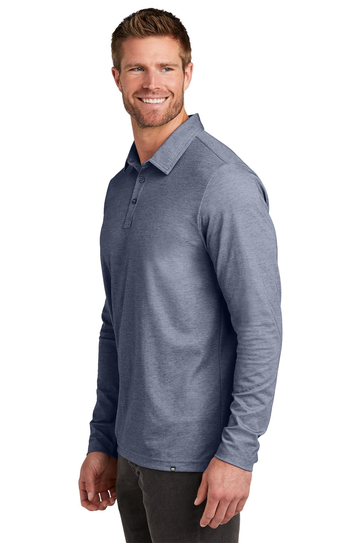TravisMathew Oceanside Long Sleeve Custom Polos, Blue Nights Heather [New England Construction]