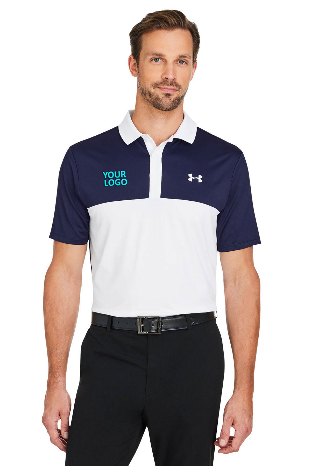 Under Armour Mens Performance 3.0 Custom Colorblock Polos, White Medium Navy