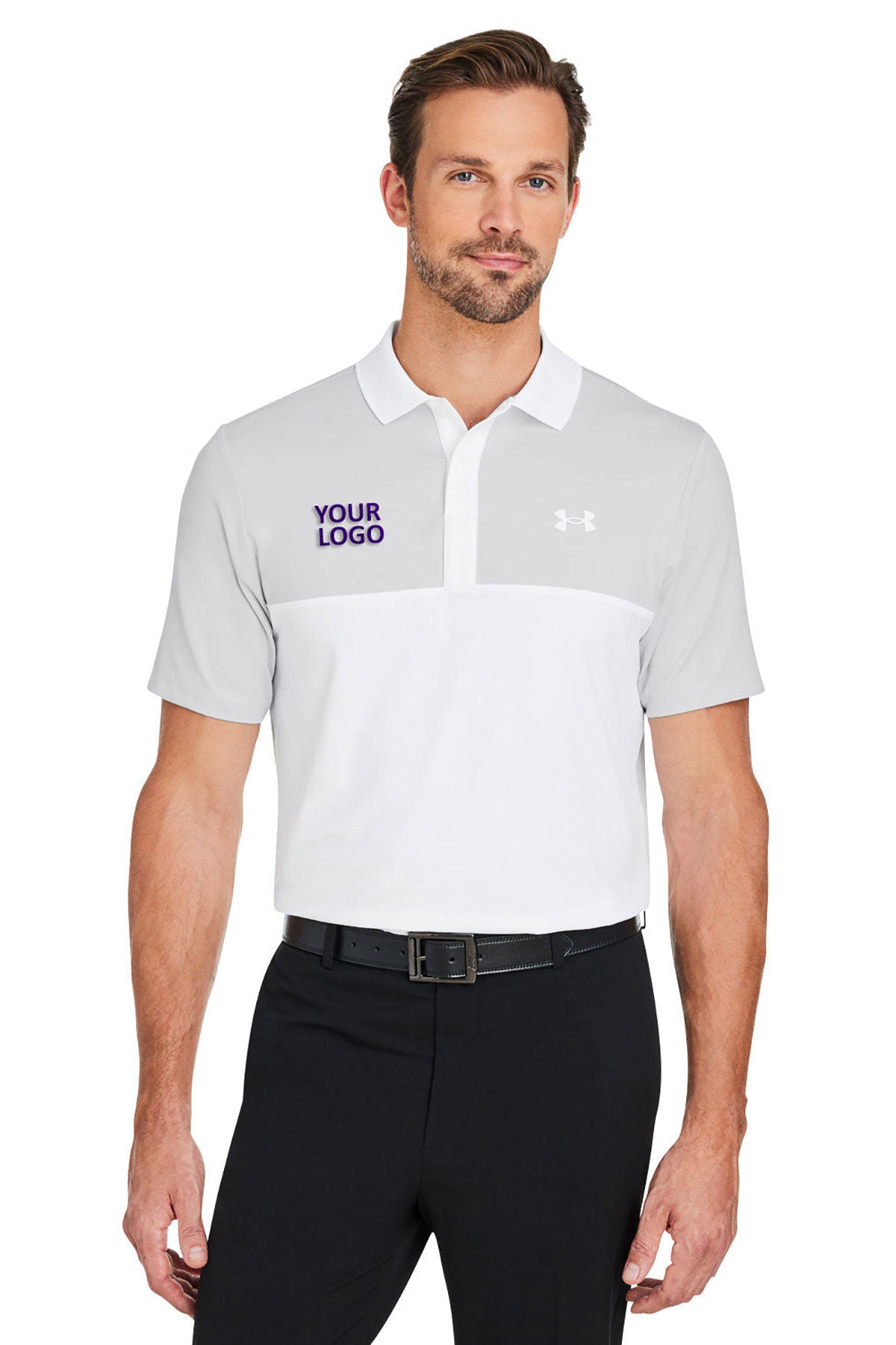 Under Armour Mens Performance 3.0 Custom Colorblock Polos, White Heather Grey