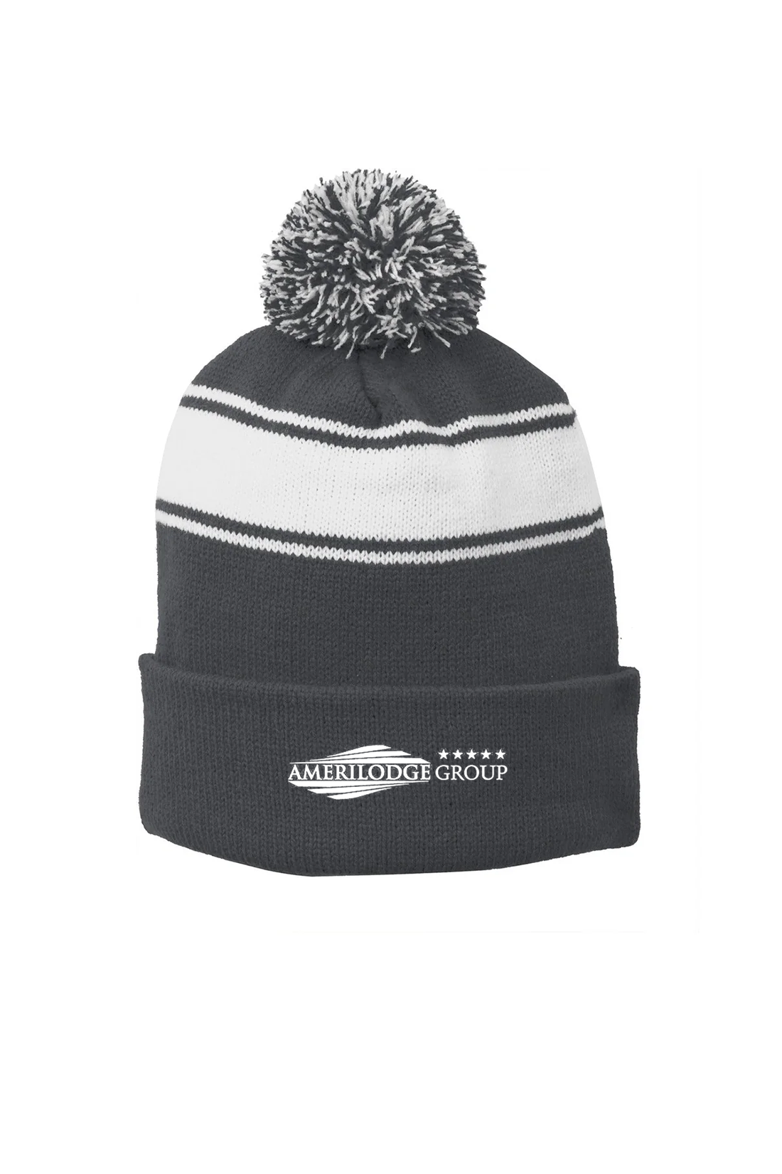 Sport-Tek Stripe Pom Pom Beanie, Iron Grey/ White [AMERILODGE GROUP]