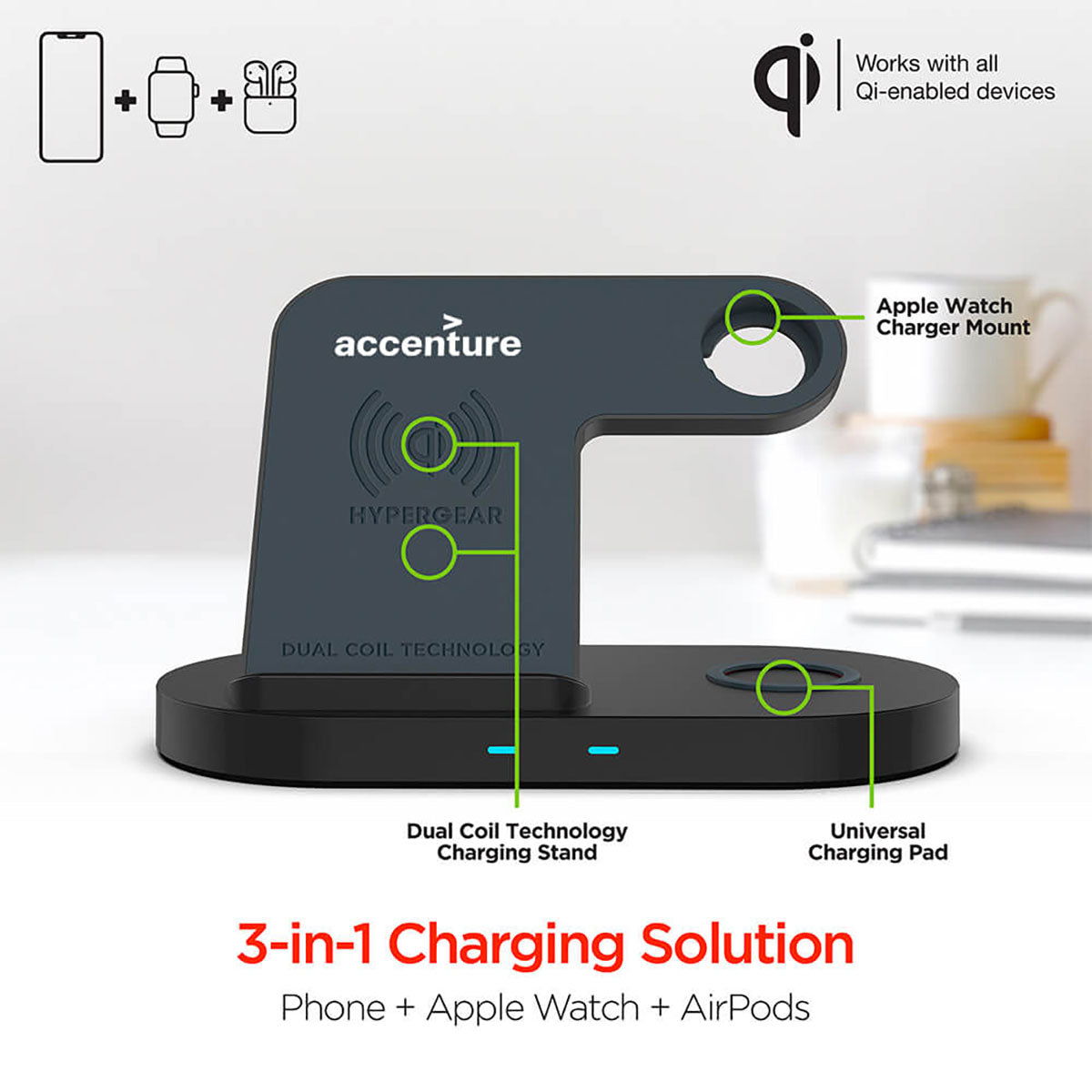 Hypergear 3 In 1 Custom Wireless Charging Docks, Black