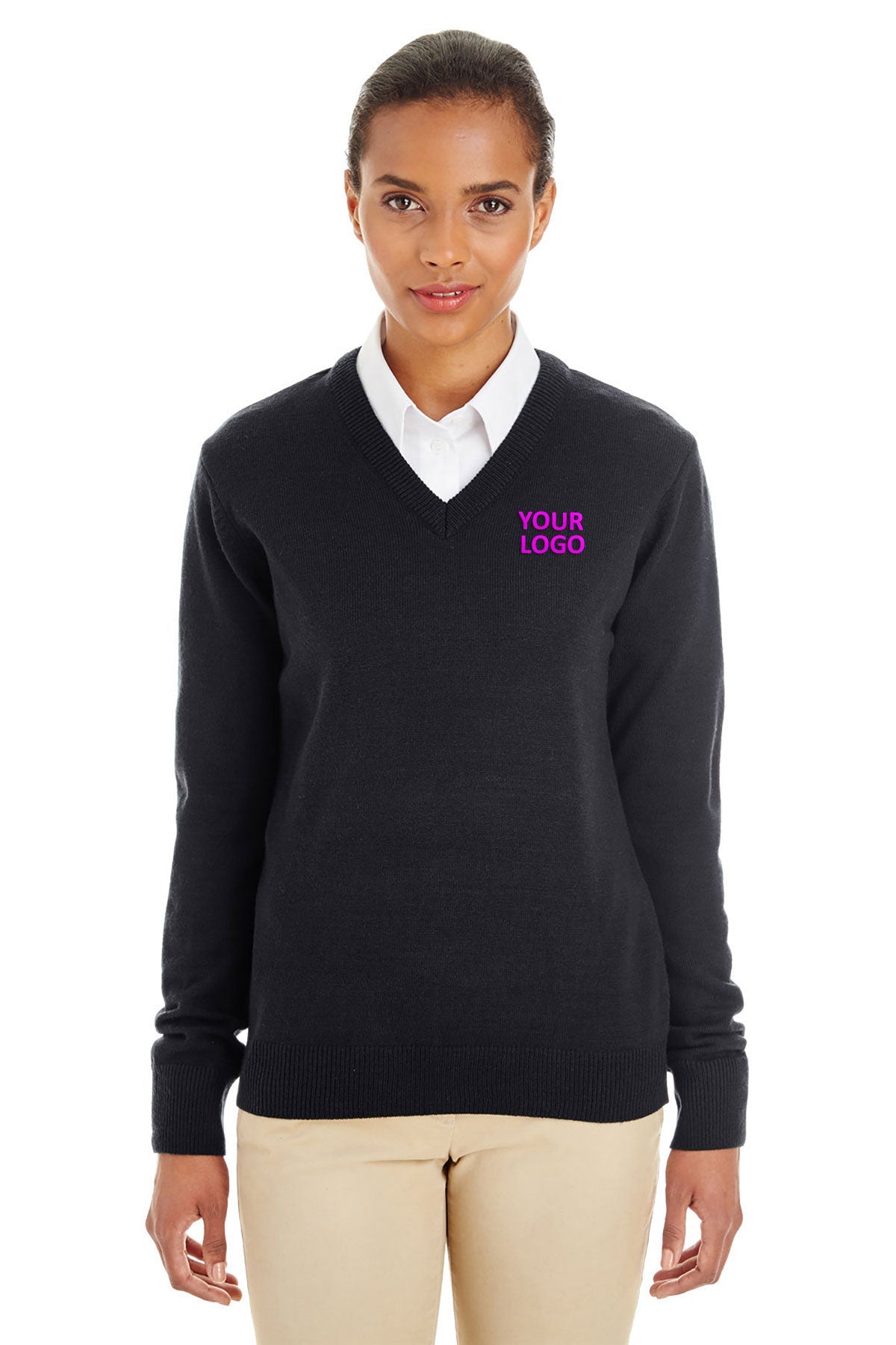 Harriton Ladies Pilbloc Custom V-Neck Sweaters, Black