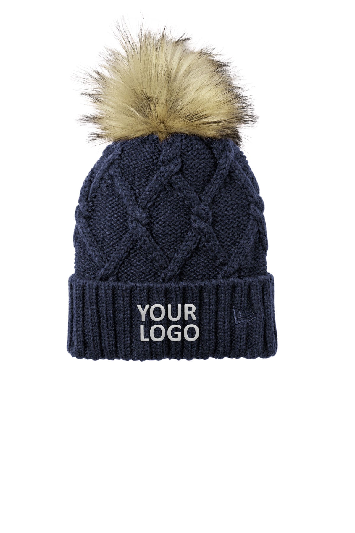New Era Faux Fur Pom Beanies, Deep Navy [Custom Home Security]
