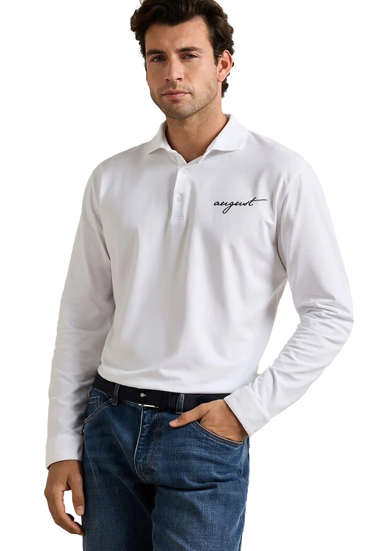 Peter Millar Crown Flex Cotton Long-Sleeve Custom Polos, White [August Grooming]
