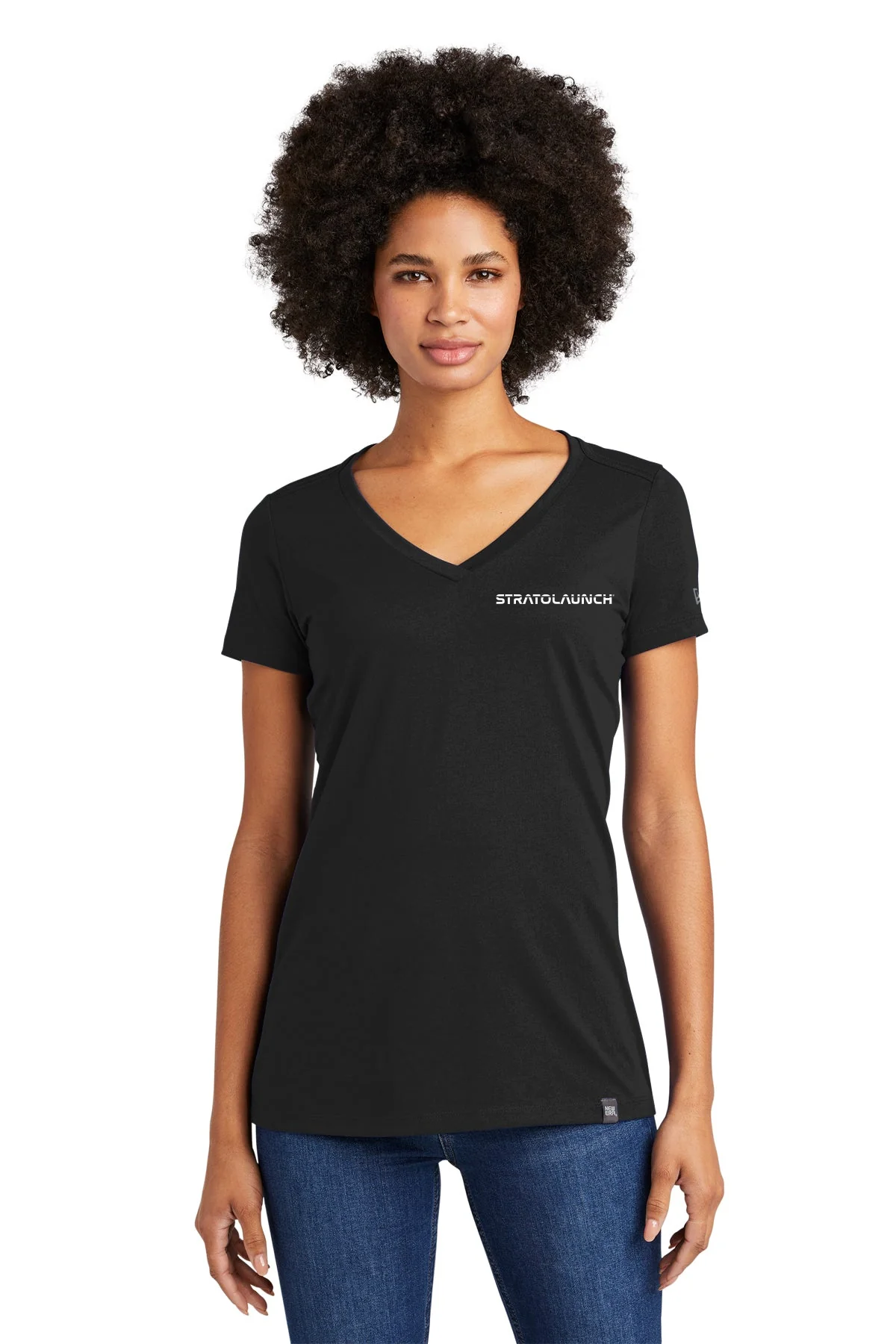 New Era Ladies Heritage Blend V-Neck Custom Printed Tee's, Black [Stratolaunch]