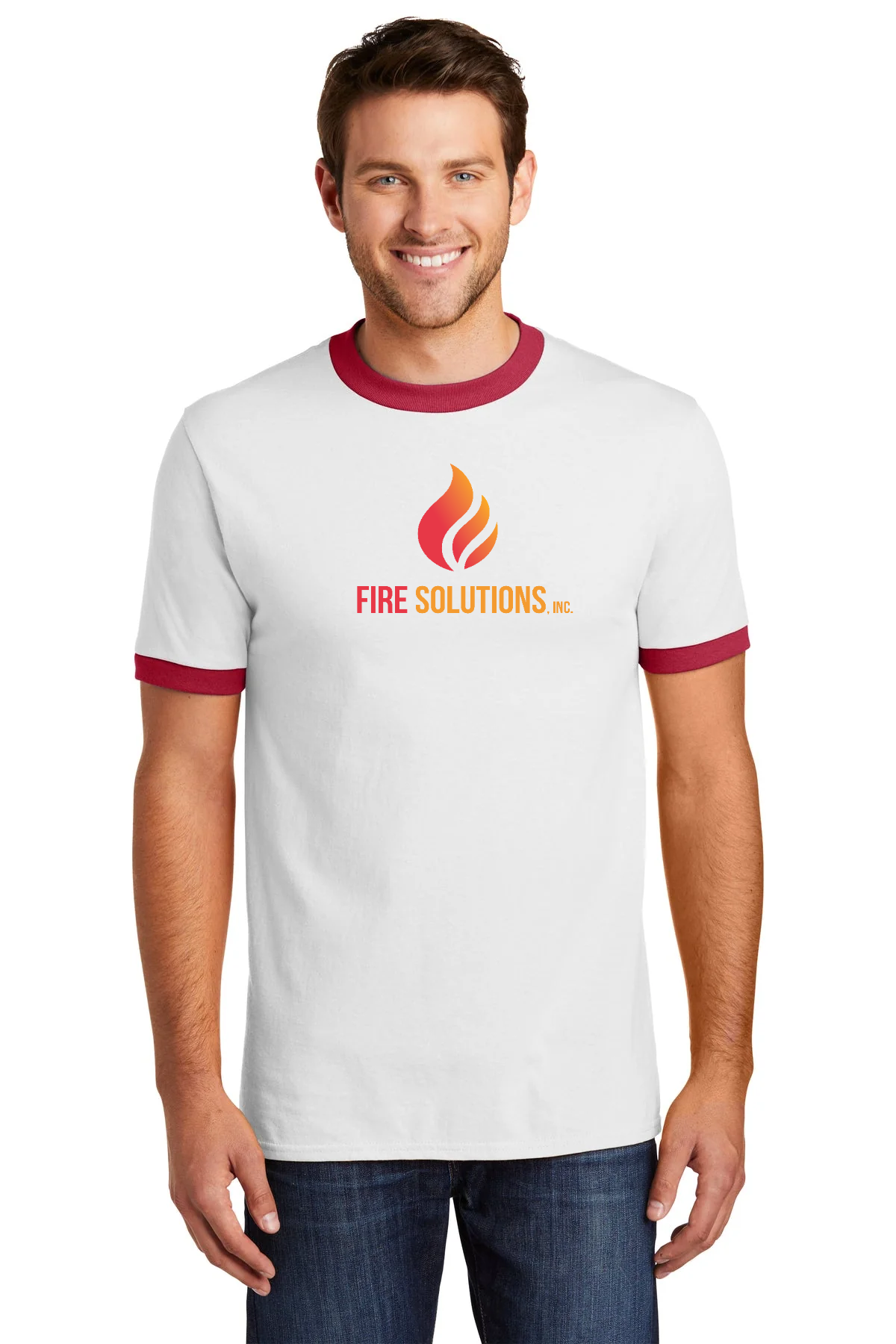 Port & Company Core Cotton Branded Ringer Tee's, White/ Red [Fire Solutions]