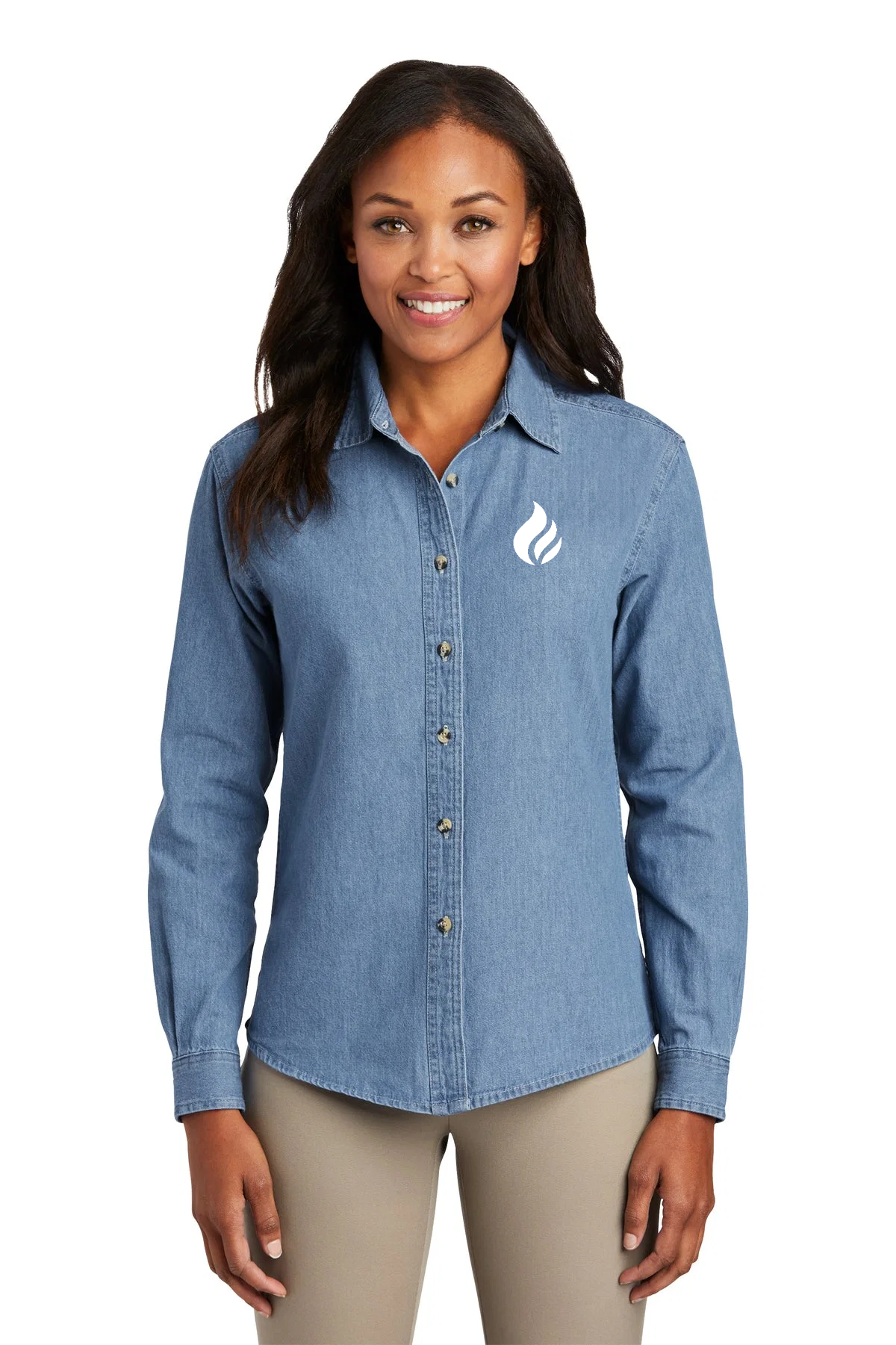 Port & Company Ladies Long Sleeve Custom Denim Shirts, Faded Blue [Fire Solutions]