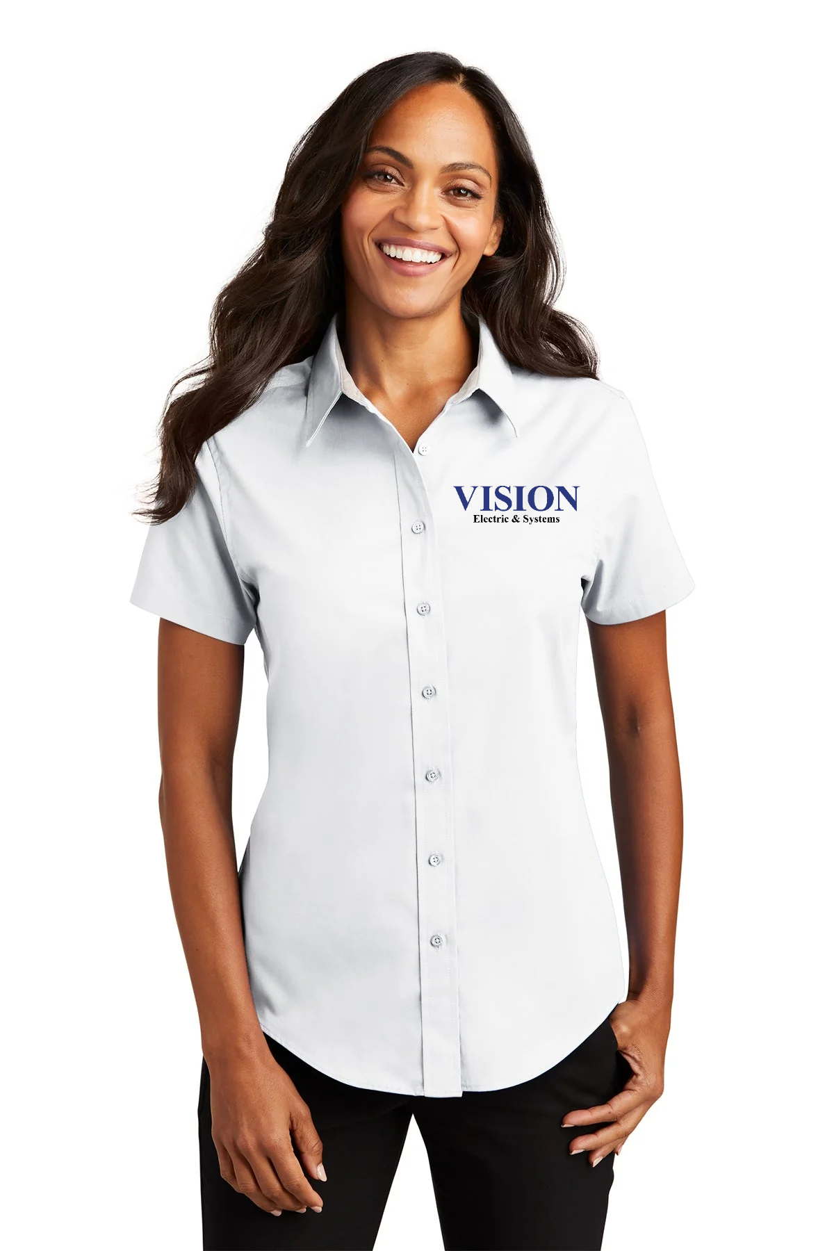 Port Authority Ladies Short Sleeve Easy Care Branded Shirts, White/Light Stone [Vision Electric and Systems]