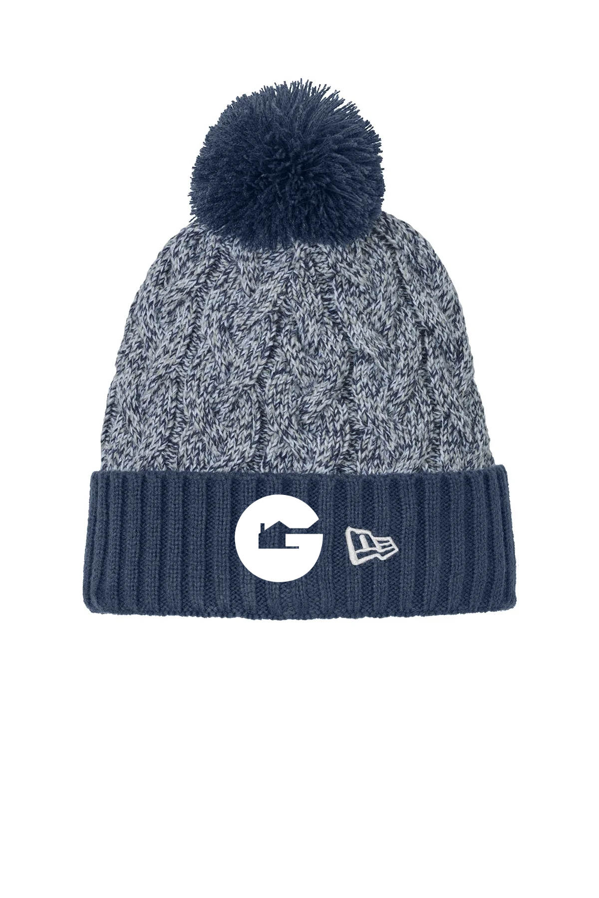 New Era Marled Knit Pom Custom Beanies, Deep Navy/ Grey/ White [Gershman Mortgage]