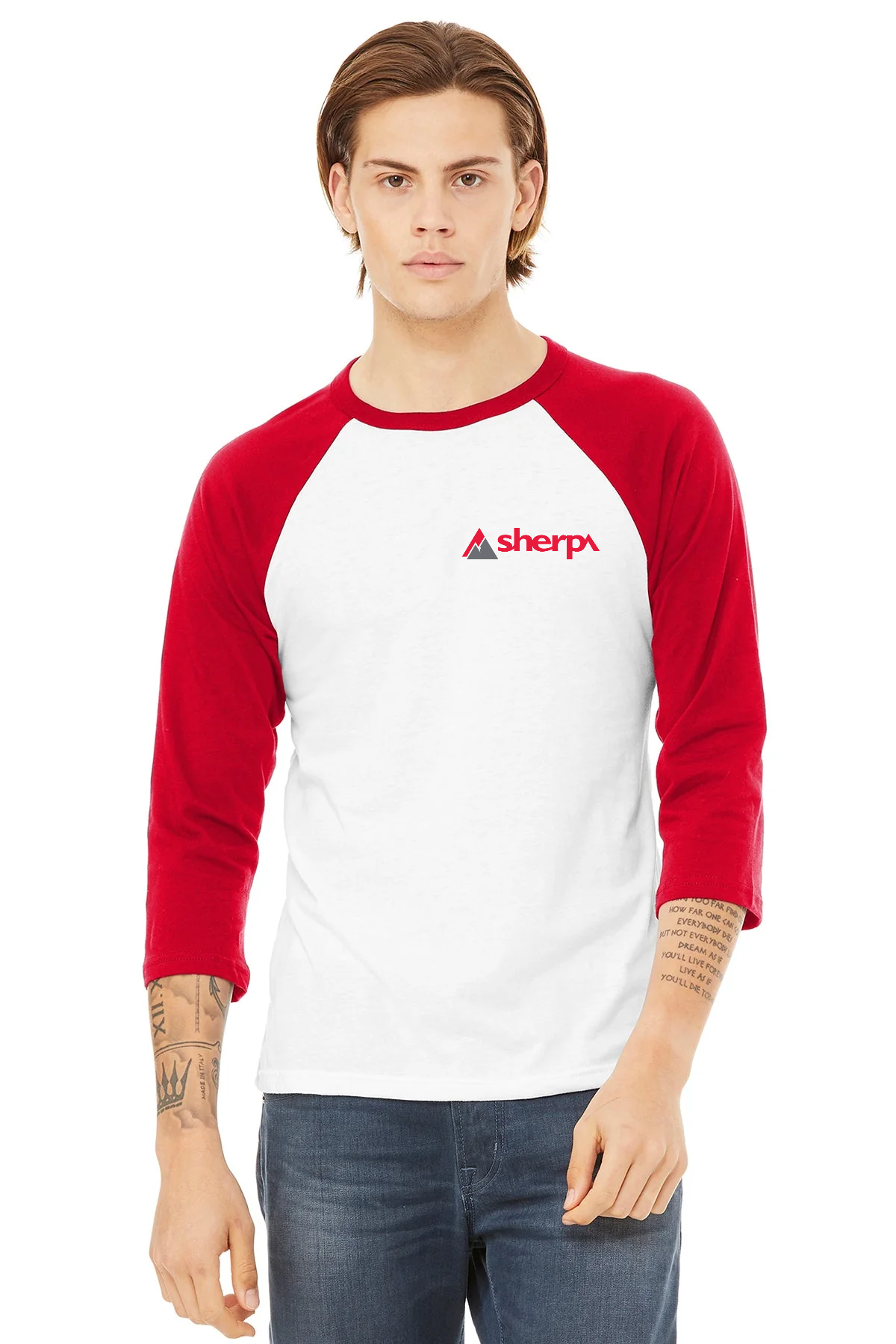 Bella Canvas Unisex 3/4-Sleeve Baseball T-Shirt, White/ Red [Sherpa LLC]