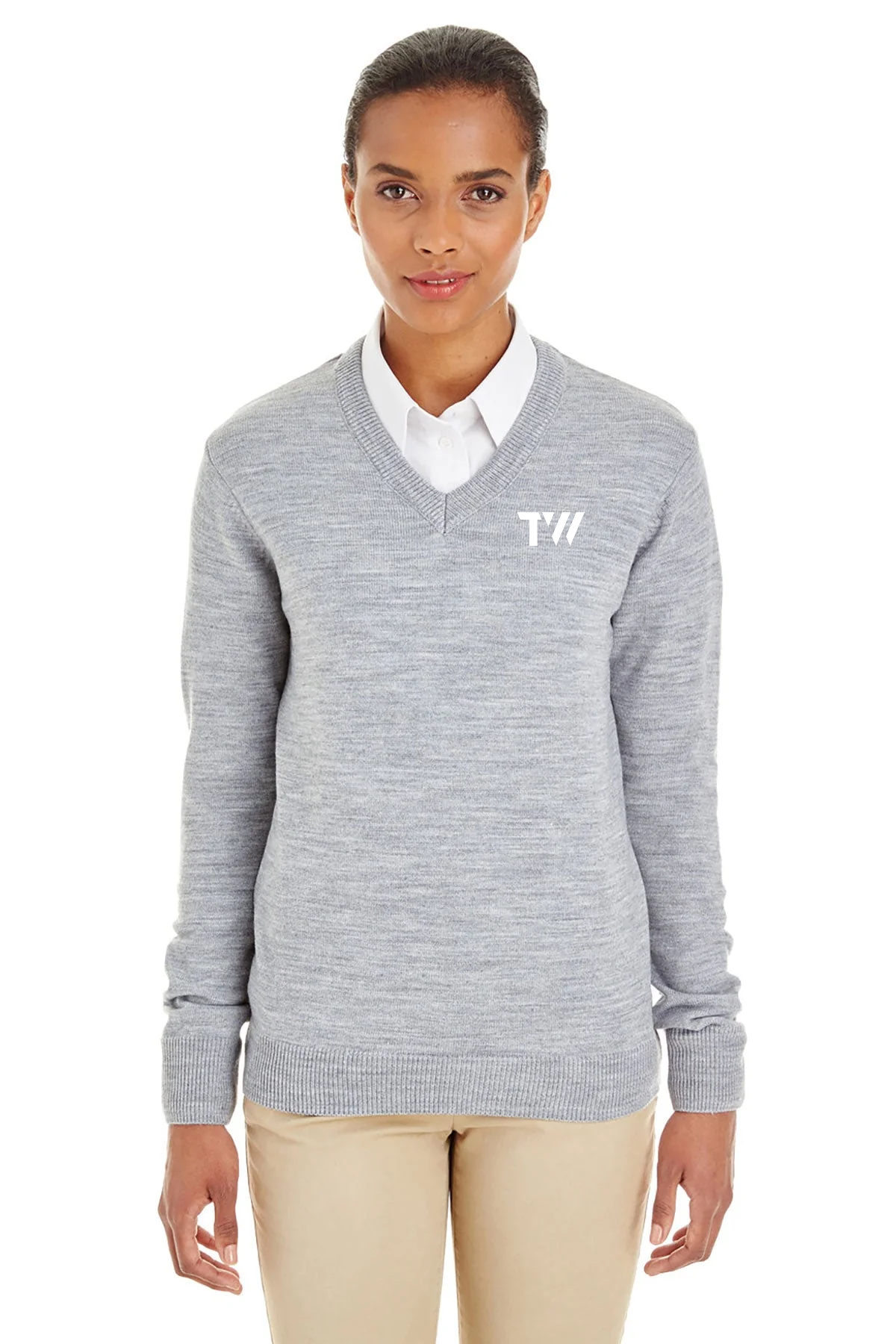 Harriton Ladies Pilbloc Custom V-Neck Sweaters, Grey Heather [TW Constructors]