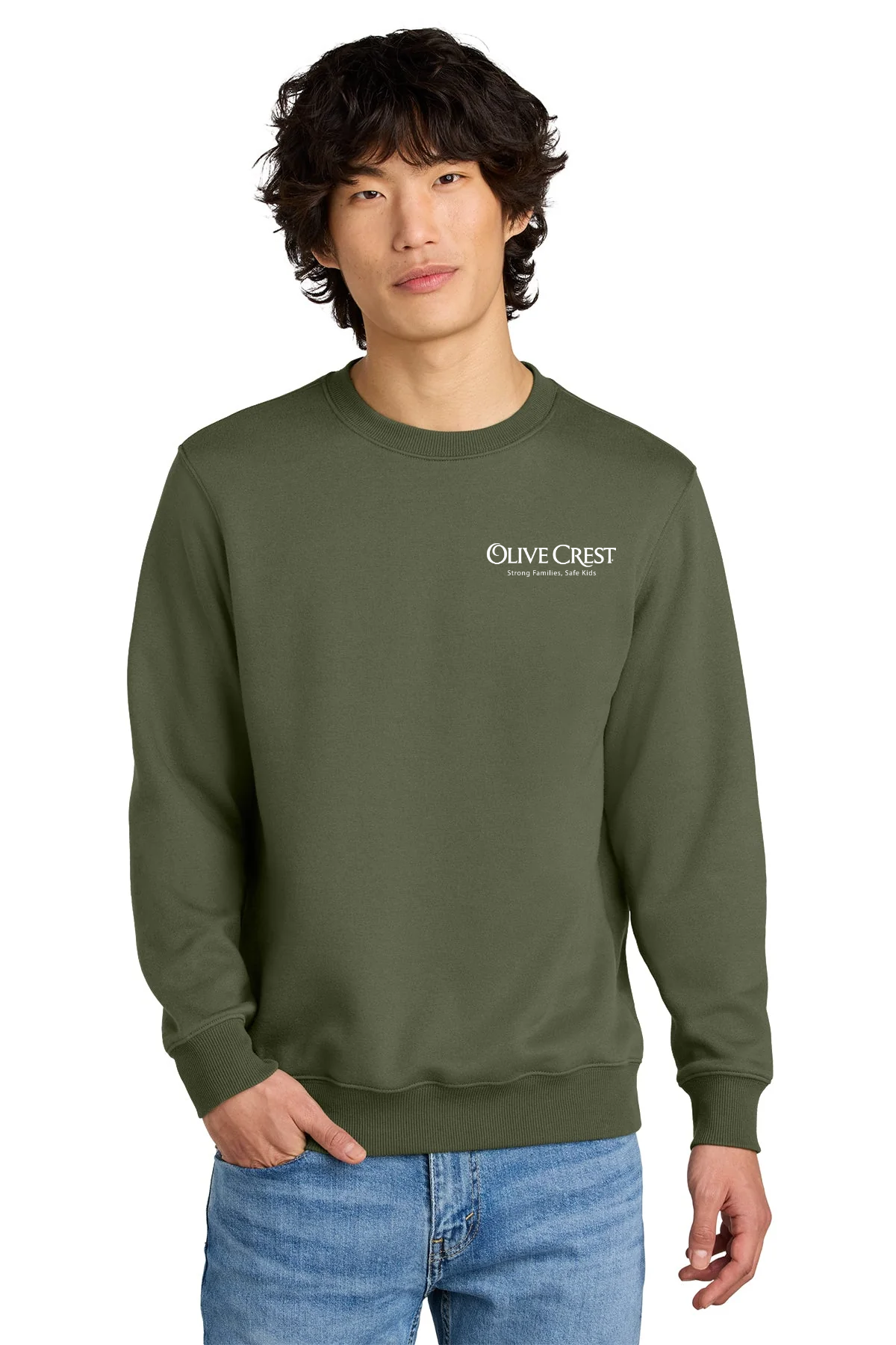 District Perfect Weight Fleece Custom Crews, Military Green [Olive Crest]