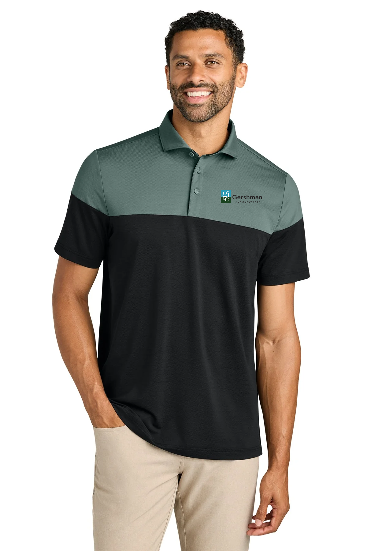 TravisMathew Onward Colorblock Custom Polos, Balsam Green/ Black [Gershman Investment Corp.]
