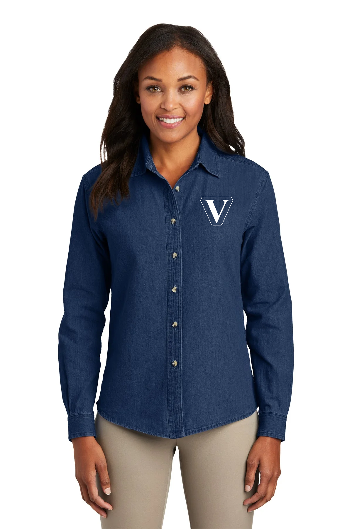 Port & Company Ladies Long Sleeve Custom Denim Shirts, Ink Blue [Vision Electric and Systems]
