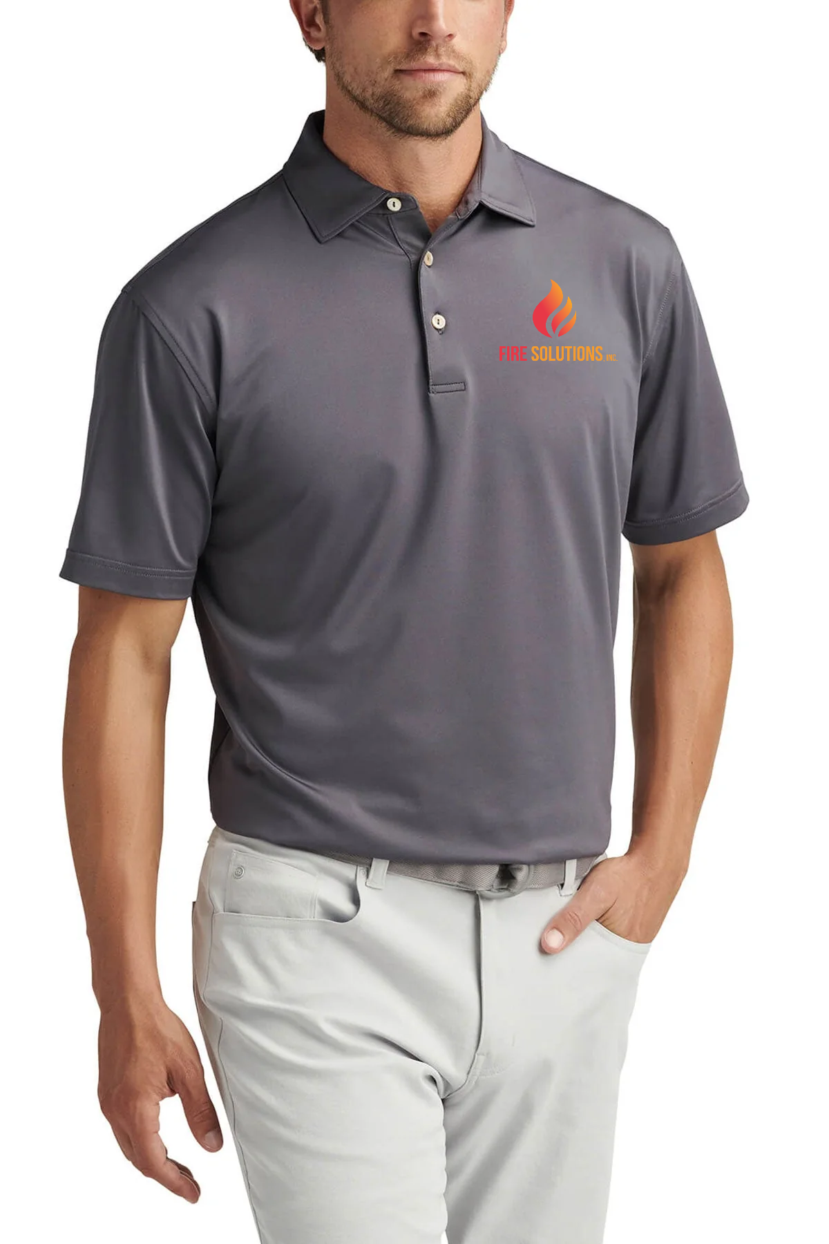 Peter Millar Mens Solid Performance Custom Polo Self Collar, Iron [Fire Solutions]