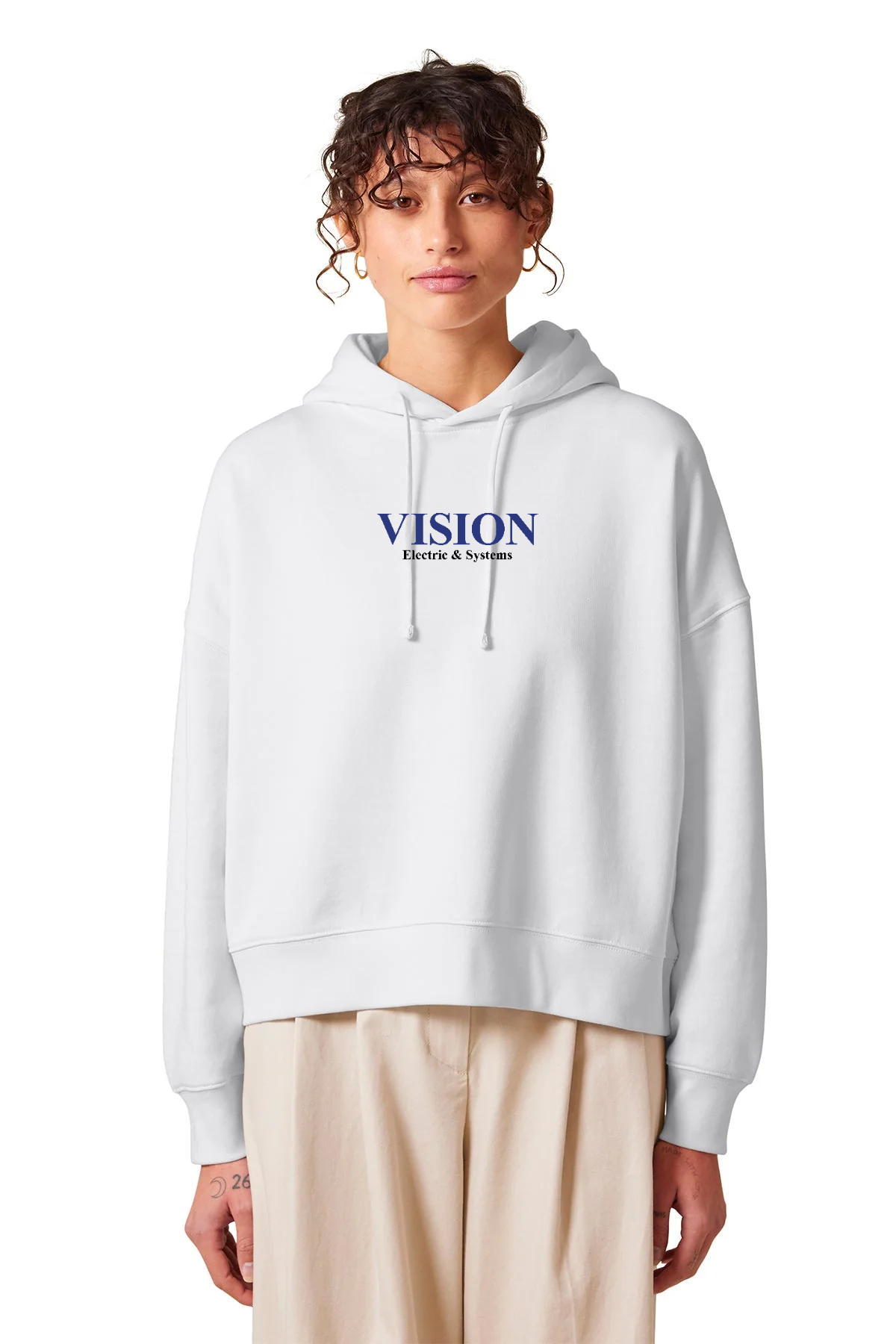 Stanley Stella Women’s Nora Custom Hooded Sweatshirts, White [Vision Electric and Systems]