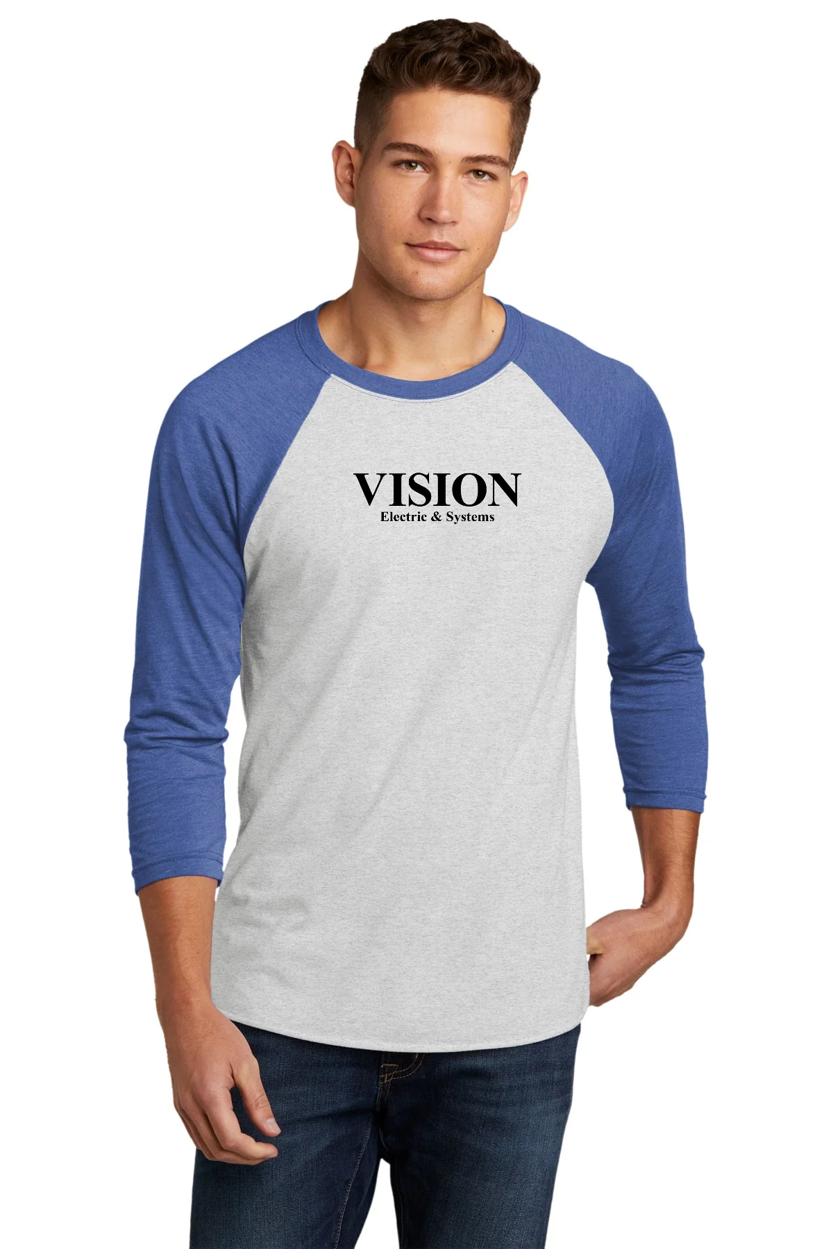 Next Level 3/4-Sleeve Custom Raglan Tee's, Vintage Royal/ Heather White [Vision Electric and Systems]