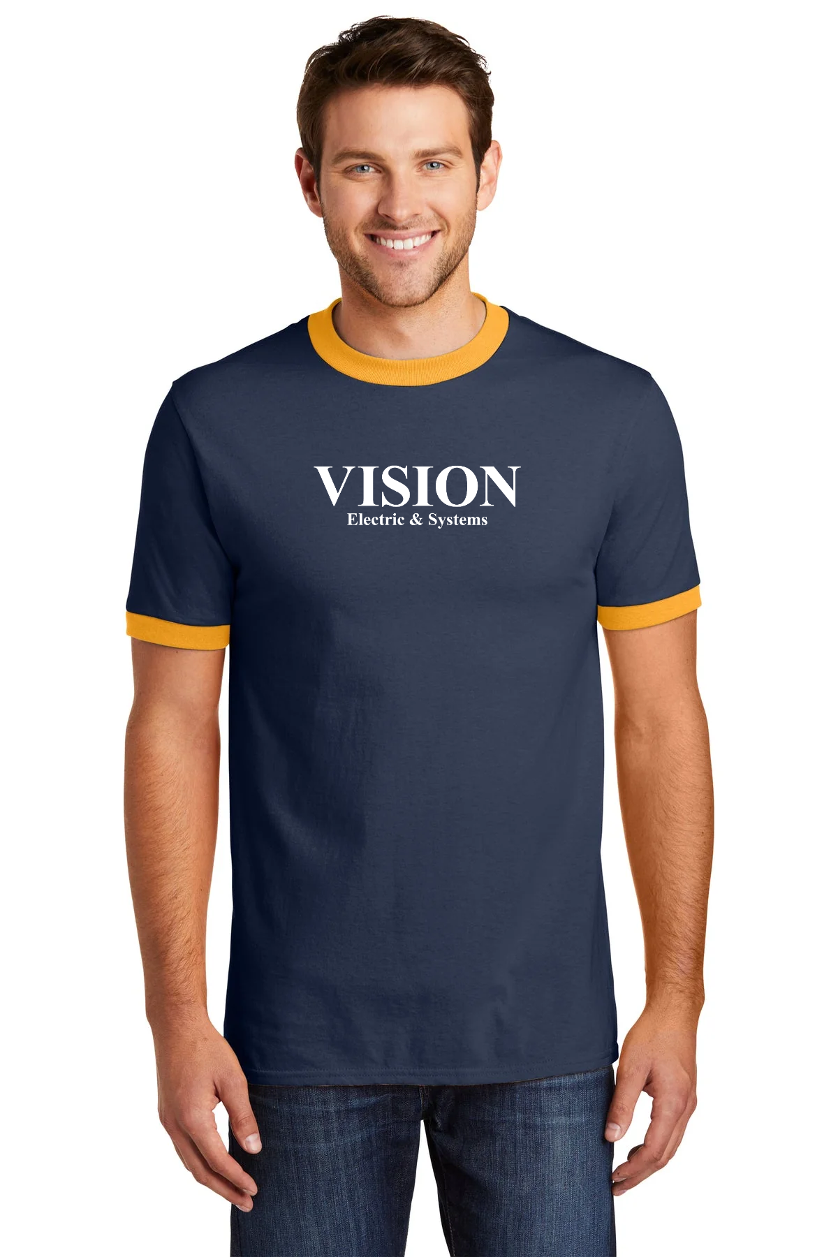Port & Company Core Cotton Customized Ringer Tee's, Navy/ Gold [Vision Electric and Systems]