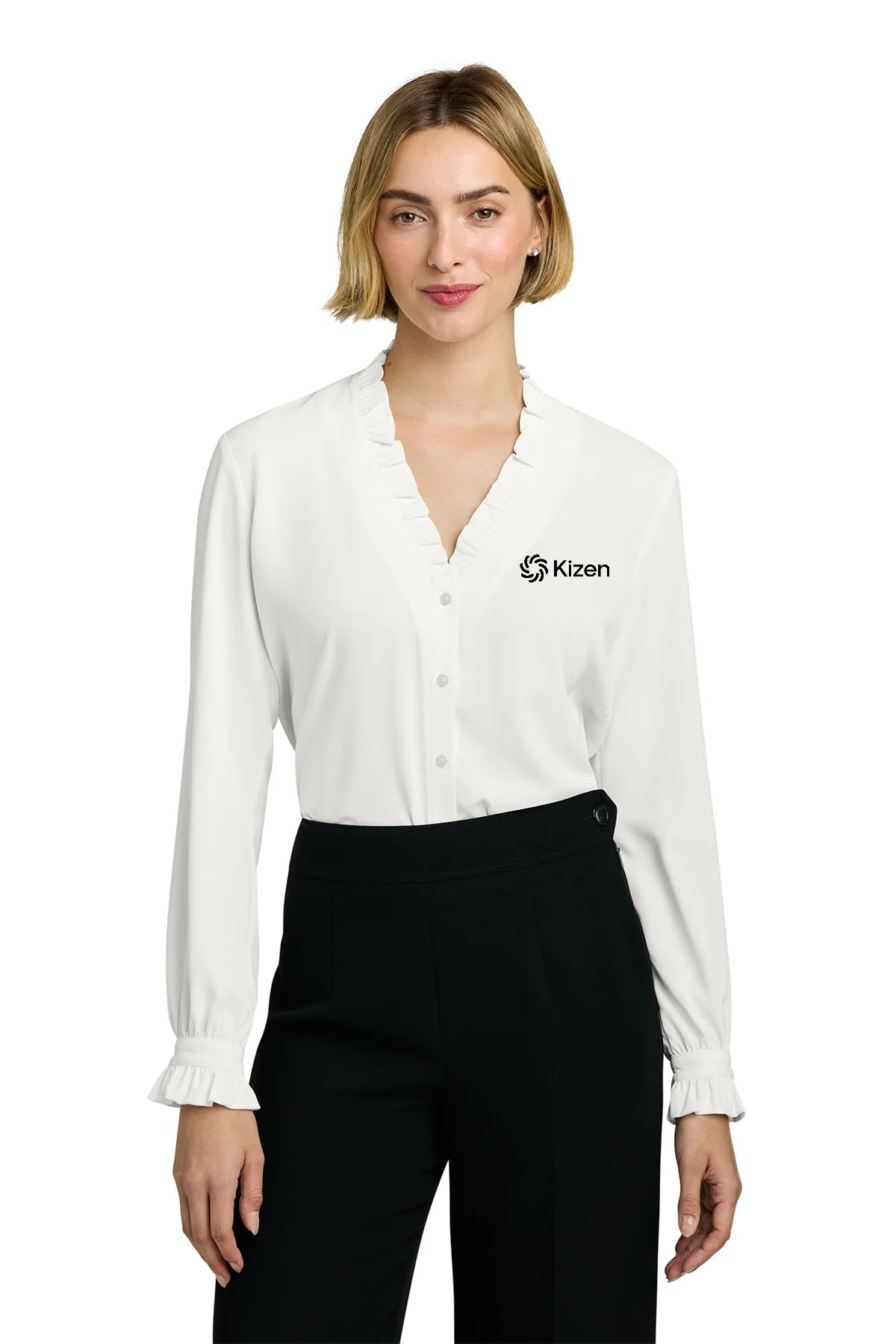 Brooks Brothers Womens Long Sleeve Ruffle Collar Blouse, White [Kizen]