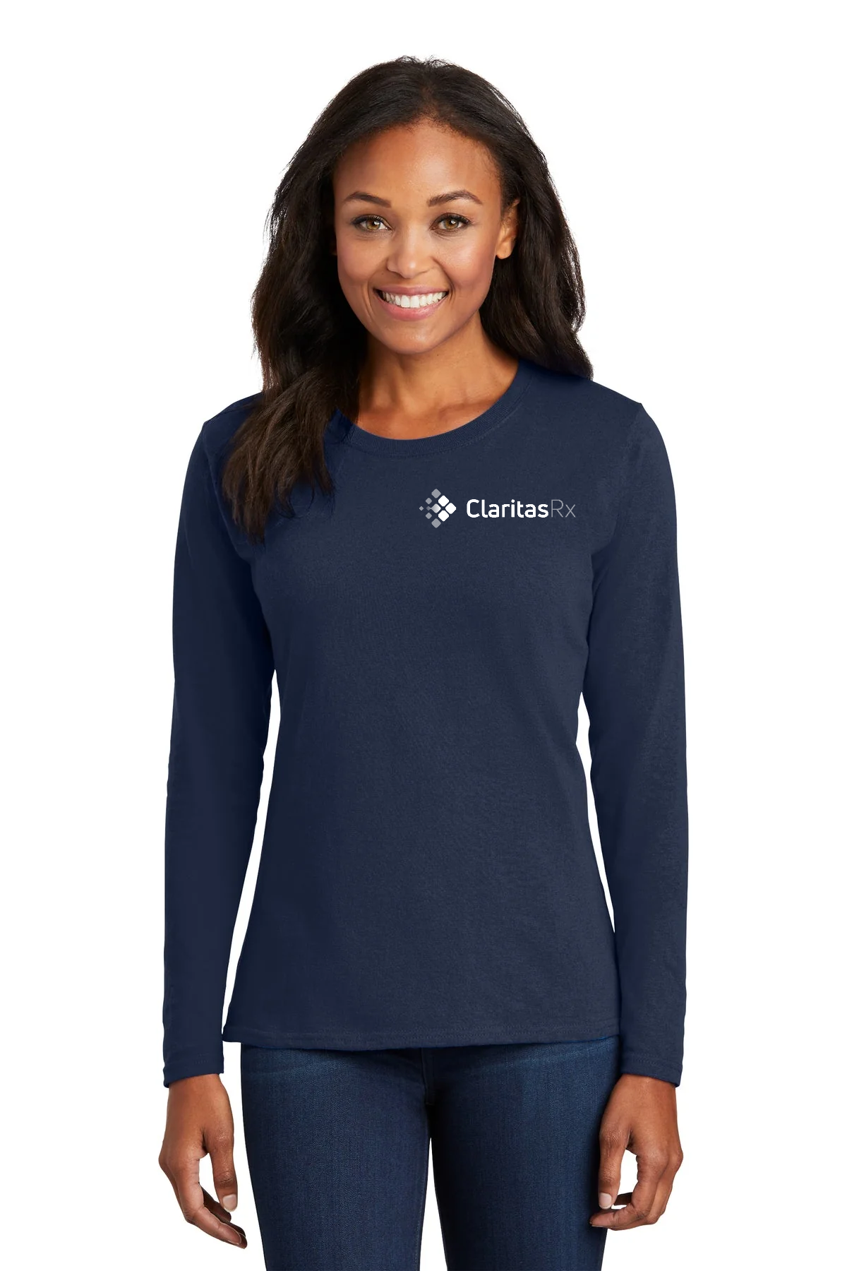 Port & Company Ladies Long Sleeve Customized Core Cotton Tee's, Navy [Claritas Rx]