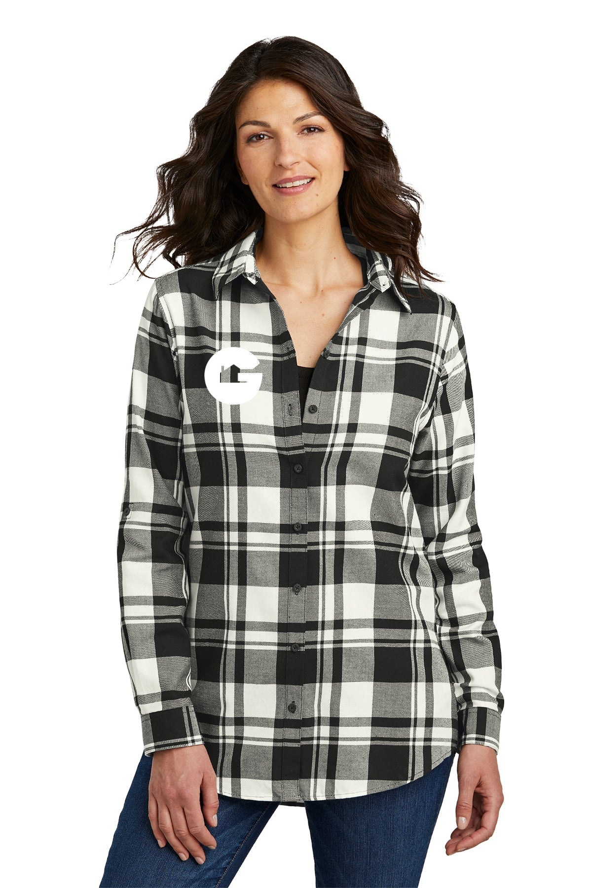 Port Authority Ladies Plaid Flannel Tunic, Snow White/ Black [Gershman Mortgage]