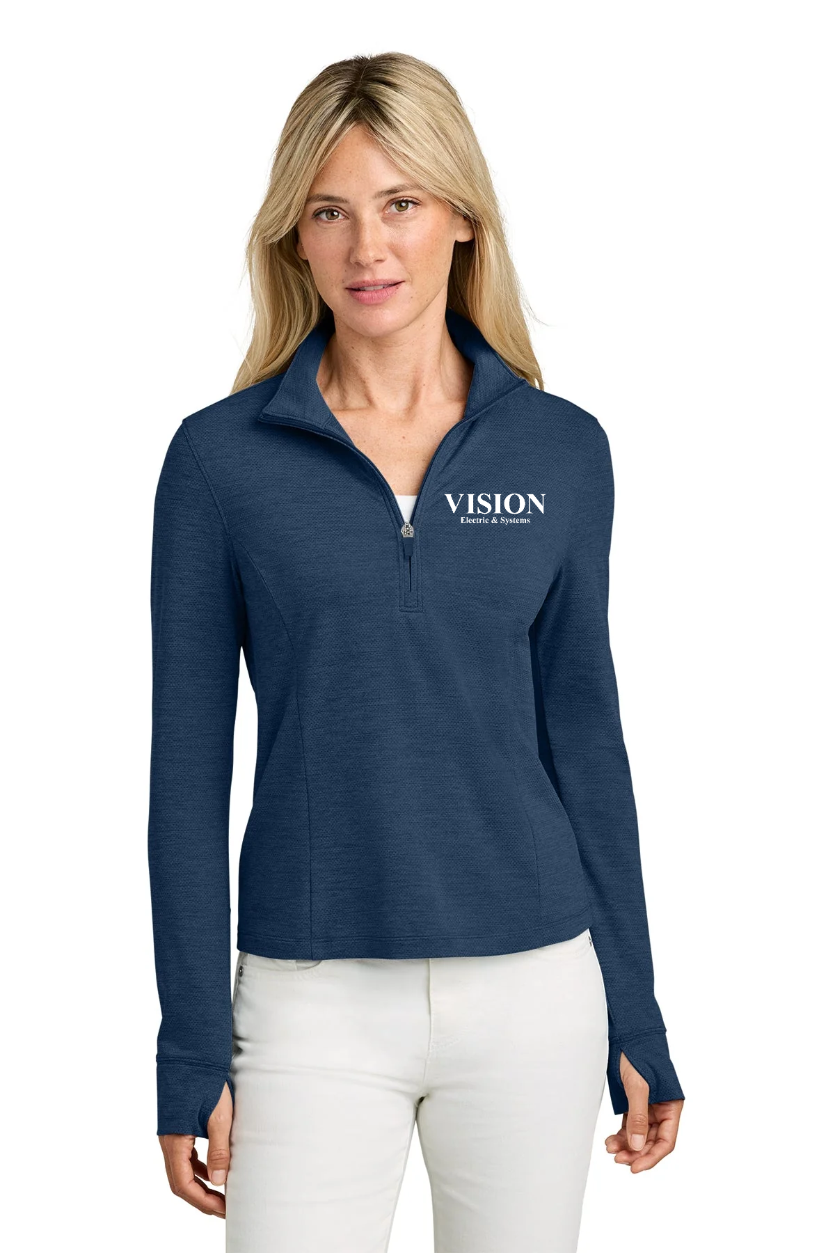 TravisMathew Women’s Onward Custom 1/2-Zips, Navy Heather [Vision Electric and Systems]