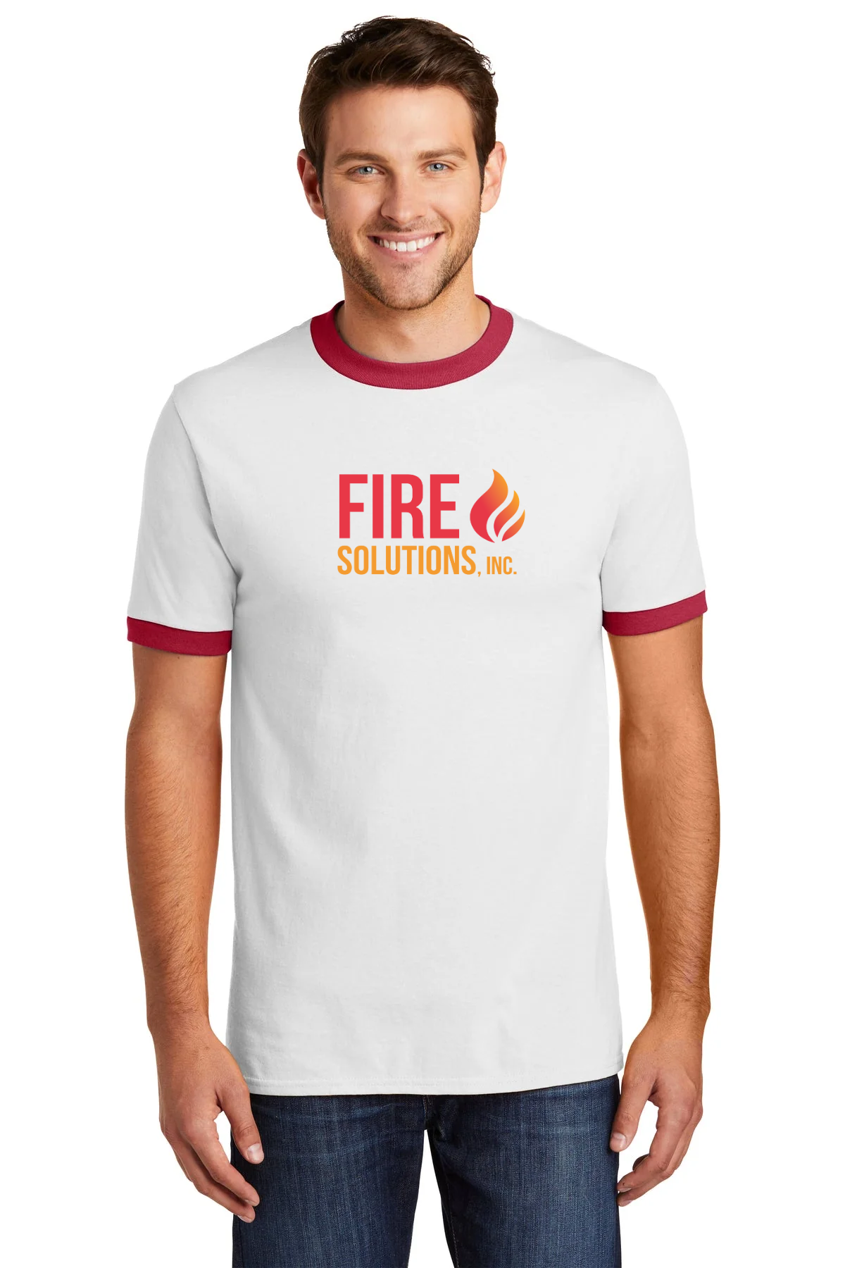 Port & Company Core Cotton Branded Ringer Tee's, White/ Red [Fire Solutions]