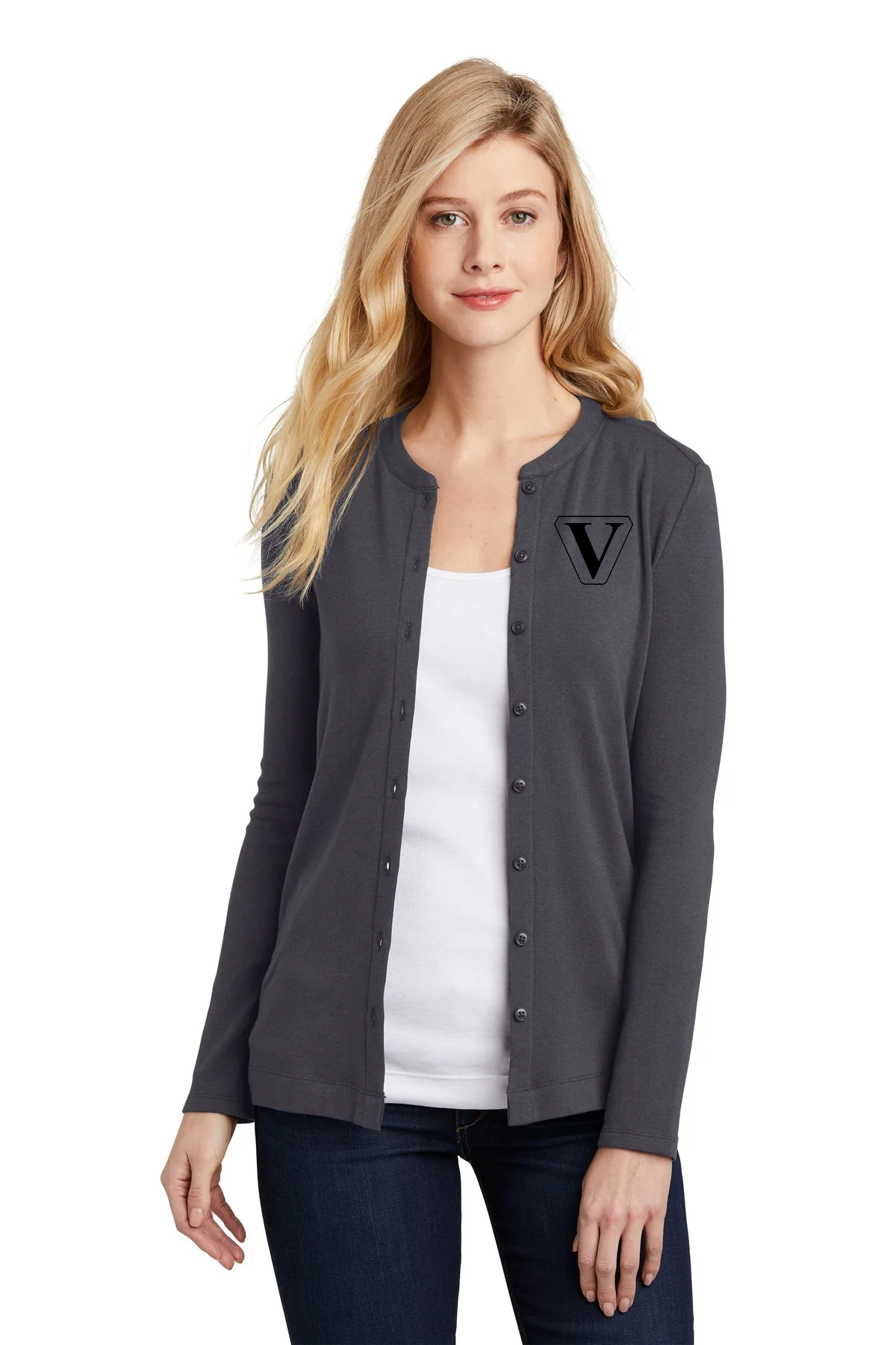 Port Authority Ladies Concept Stretch Branded Button-Front Cardigans, Grey Smoke [Vision Electric and Systems]