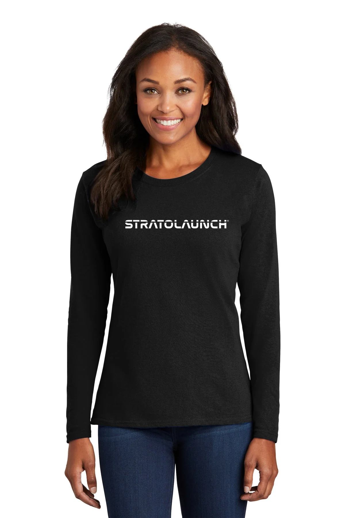 Port & Company Ladies Long Sleeve Branded Core Cotton Tee's, Jet Black [Stratolaunch]
