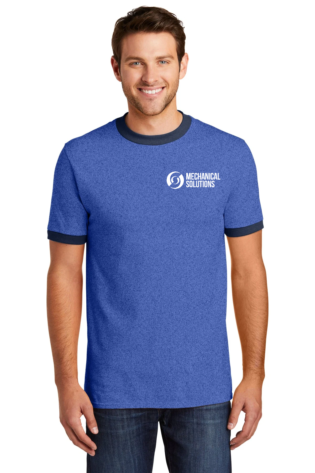 Port & Company Core Cotton Customized Ringer Tee's, Heather Royal/ Navy [Mechanical Solutions]