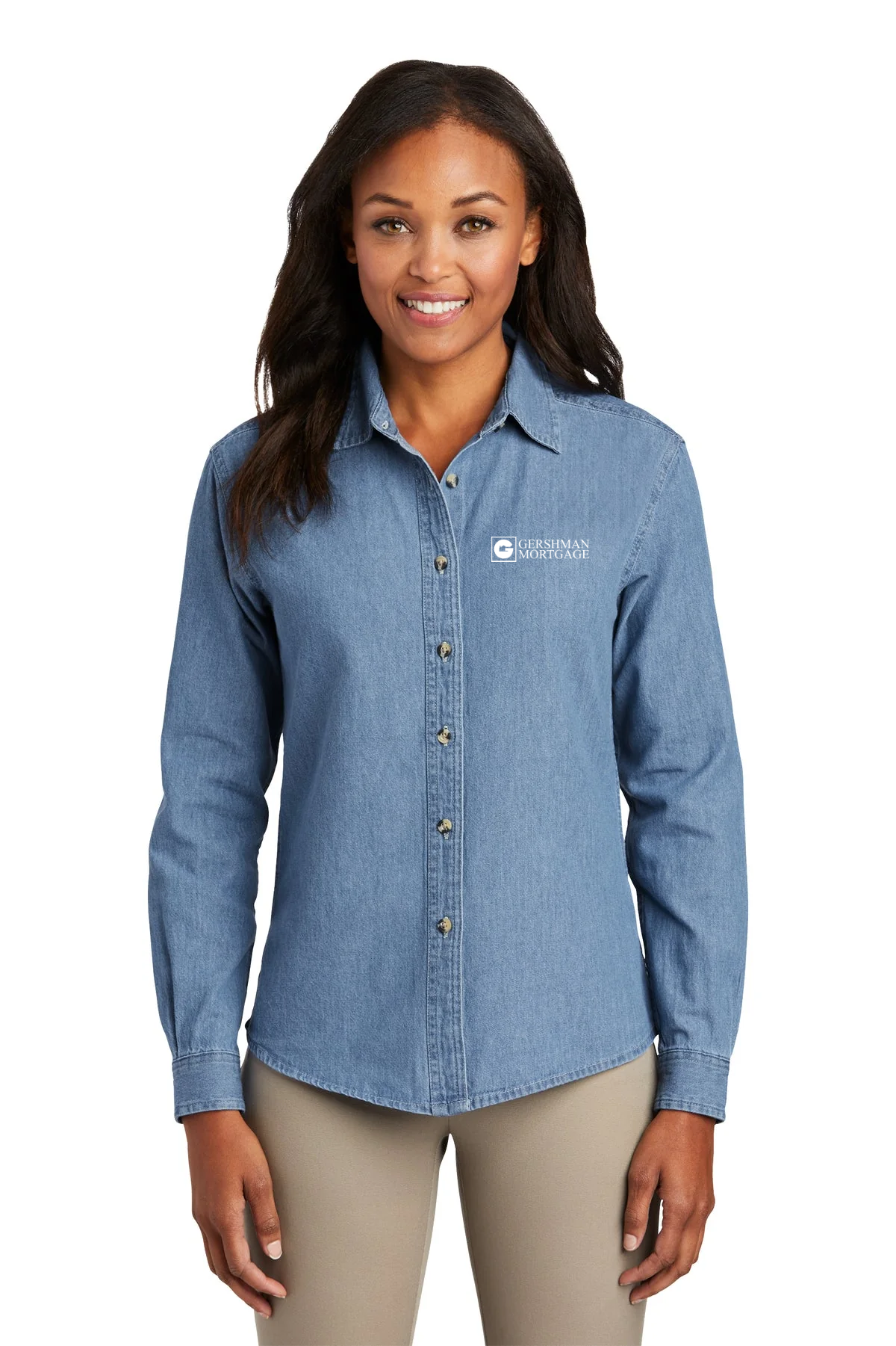 Port & Company Ladies Long Sleeve Custom Denim Shirts, Faded Blue [Gershman Mortgage]