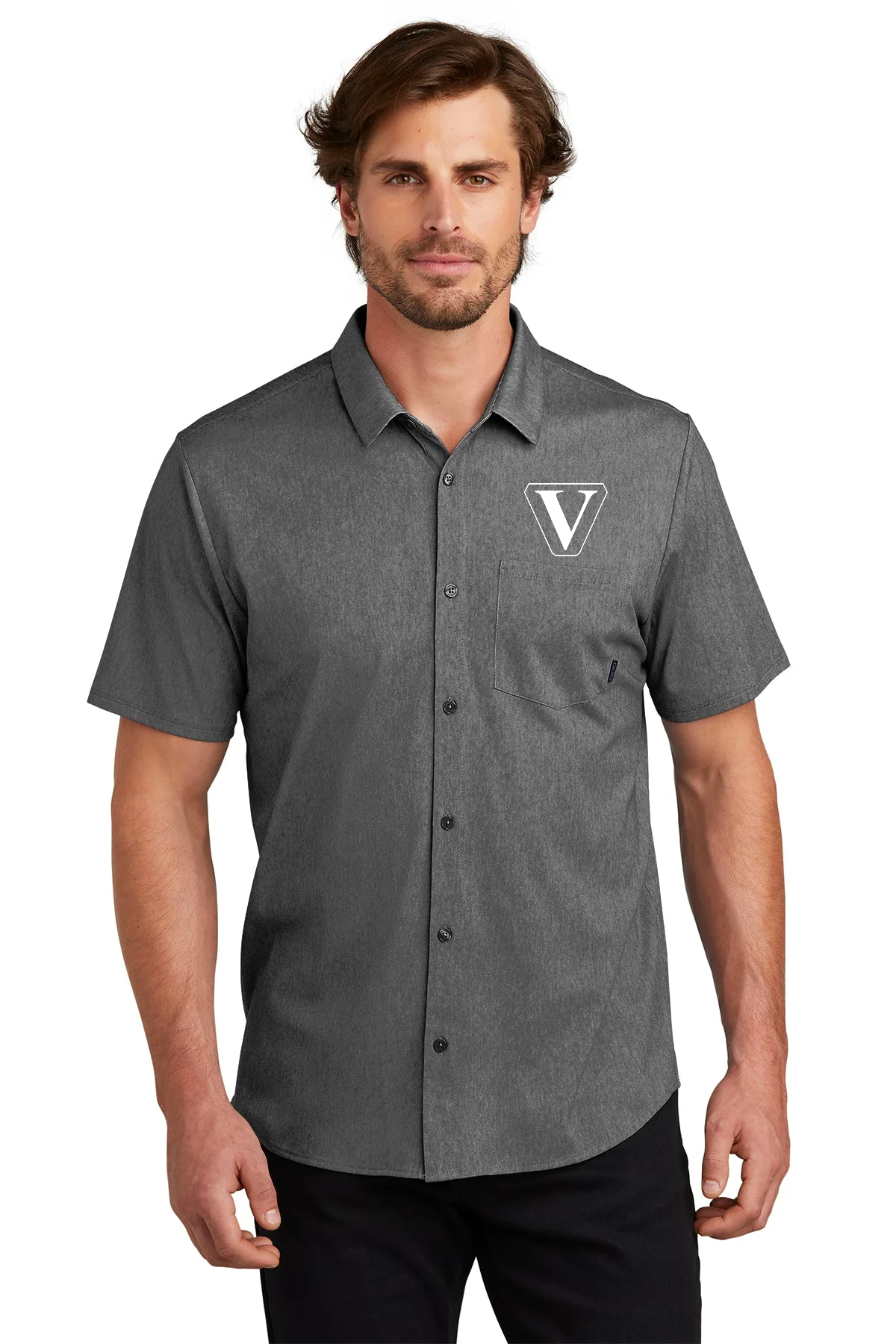 OGIO Extend Short Sleeve Custom Button Downs, Blacktop Heather [Vision Electric and Systems]